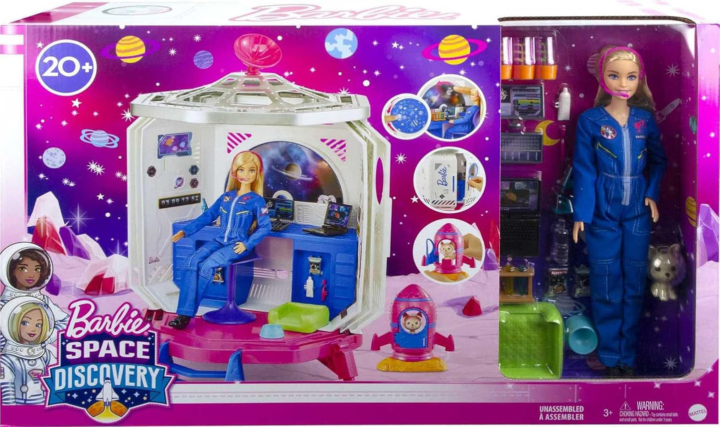 Barbie GXF27 - Stazione Spaziale Avventura spaziale, bambola spaziale, cucciolo, postazione di lavoro, scene spaziali, 20 accessori, giocattolo regalo per bambini dai 3 anni in su