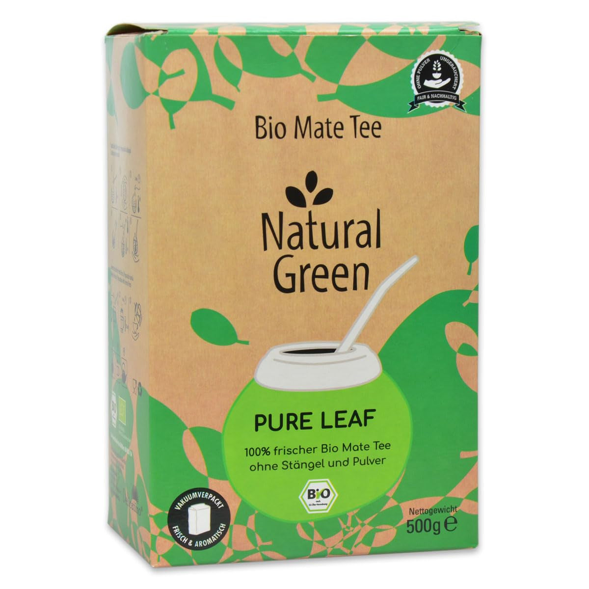 Delicatino - PURE LEAF verde naturale 500G, yerba mate biologica senza stelo, fresca e senza fumo, coltivata biologicamente, confezionata sottovuoto per la massima freschezza