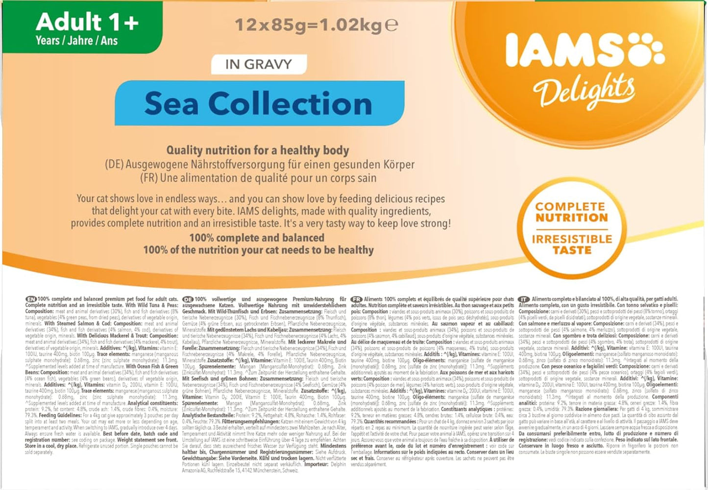 IAMS Delights Sea Collection Katzenfutter Nass - Confezione multipla con varietà di pesce (Lachs, Thunfisch, Mackerel, Seefisch) in salsa, Nassfutter für Katzen da 1 anno, 12 x 85g