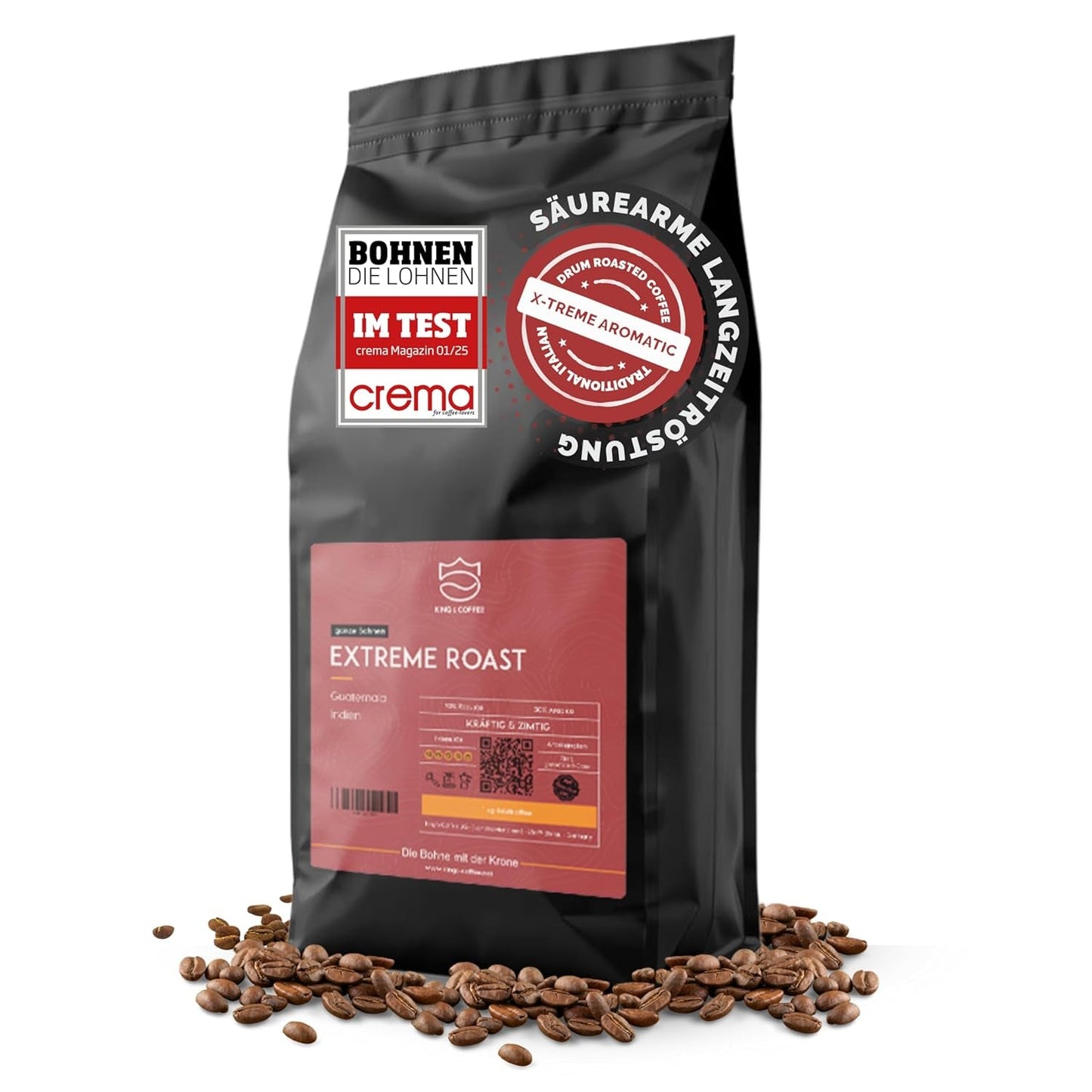 KING'S COFFEE - EXTREME ROAST - Espresso Intenso in grani - bassissima acidità - tostatura in piccoli lotti dall'Italia - caffè in grani per macchine completamente automatiche e macchine portafiltro - 1 kg