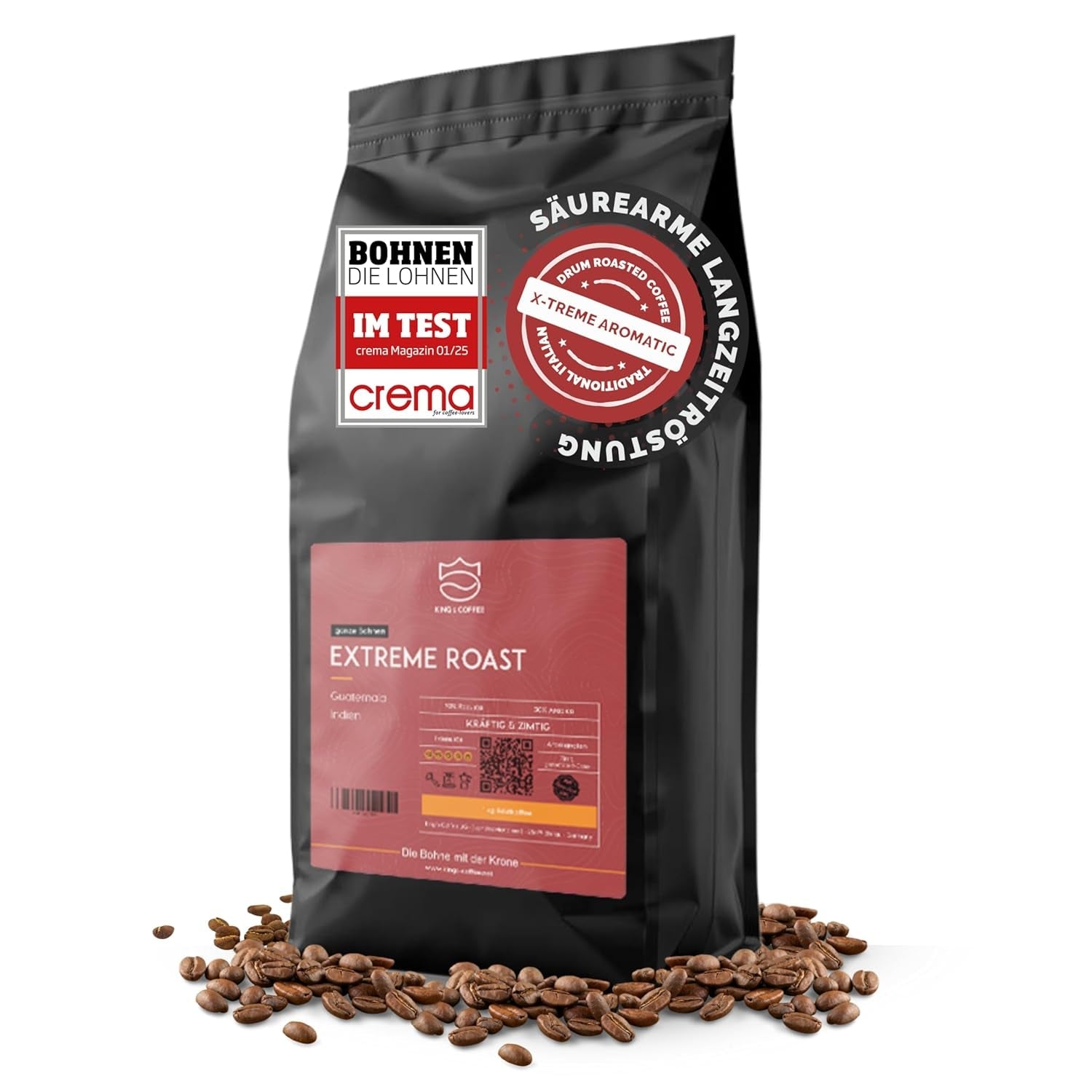 KING'S COFFEE - EXTREME ROAST - Espresso Intenso in grani - bassissima acidità - tostatura in piccoli lotti dall'Italia - caffè in grani per macchine completamente automatiche e macchine portafiltro - 1 kg