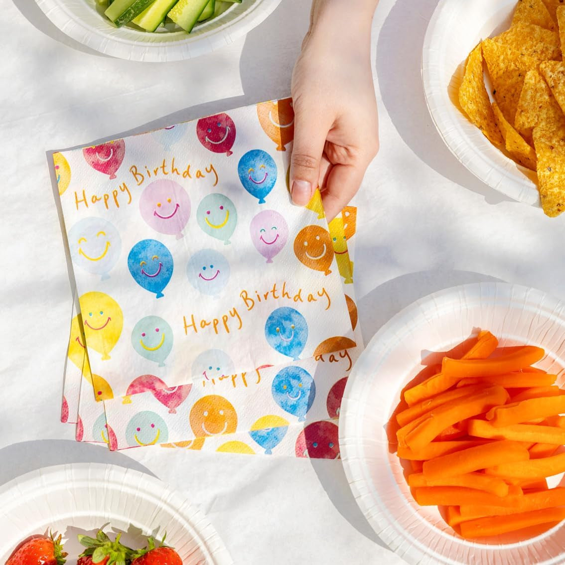 Tovaglioli di carta da tavola con faccina sorridente di buon compleanno di alta qualità Tovaglioli con palloncini per catering per feste Tovaglioli usa e getta ecologici compostabili durevoli riciclabili