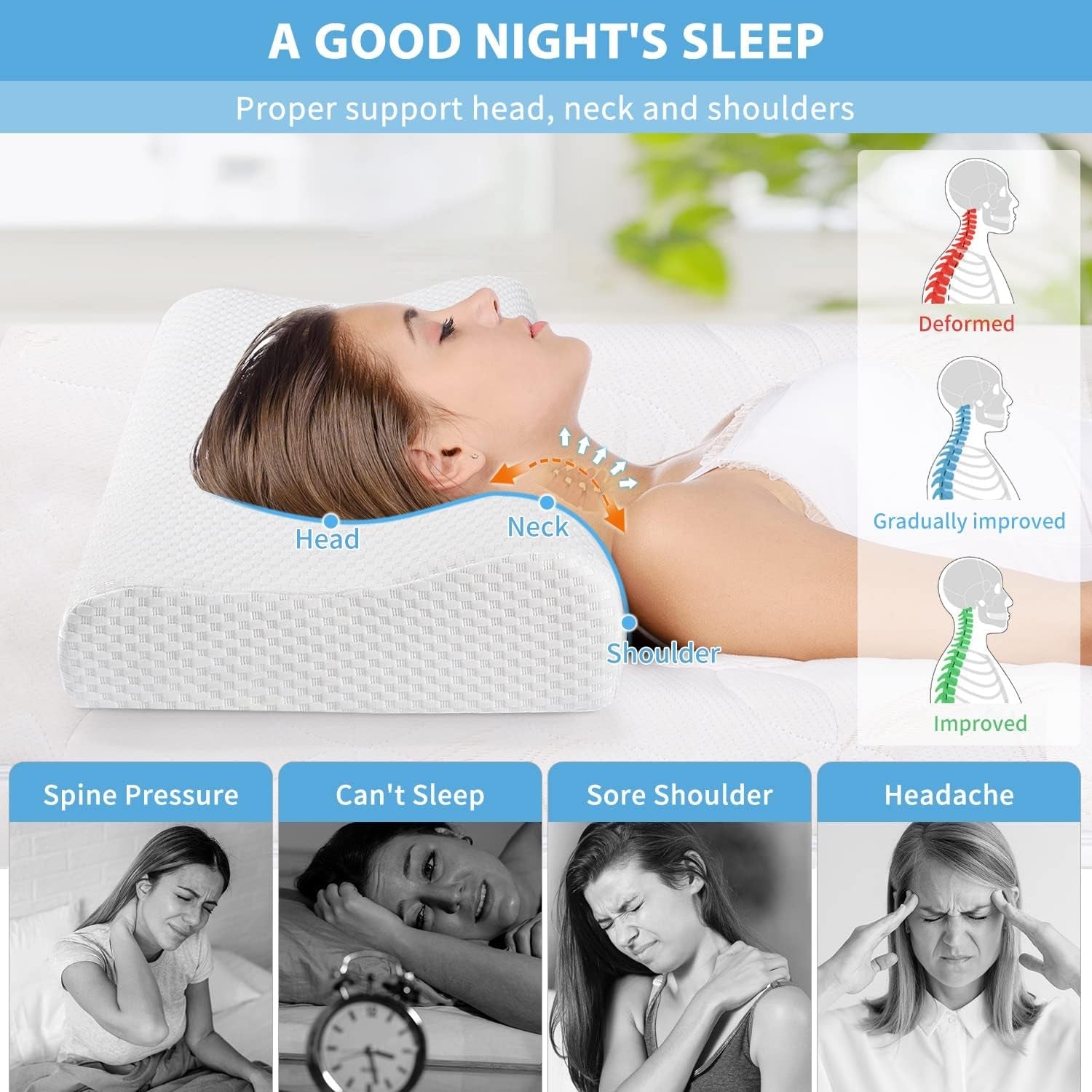 Findigit Cuscino sanitario, Cuscino in Memory Foam, Cuscino ortopedico di supporto per il collo per chi dorme sul fianco e sulla schiena, Cuscino ergonomico per colonna vertebrale cervicale (60 X 35 X 11/9 cm) Cuscini ortopedici cervicali Naty Shop