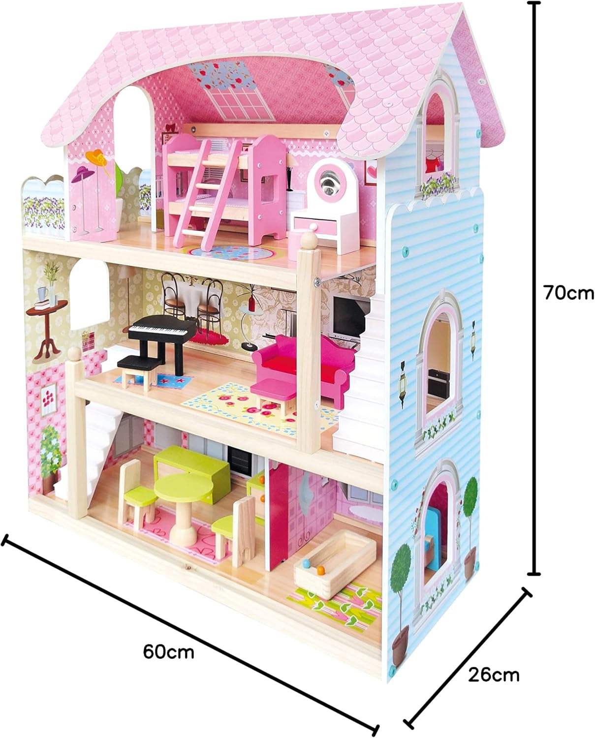 Bino World of Toys Casa delle bambole con balcone, giocattolo per bambini a partire da 3 anni, con 3 piani, scale, 4 stanze e balcone incl. 15-TLG. Accessori, Per promuovere le abilità dei bambini, Case delle bambole Naty Shop dal design rosa