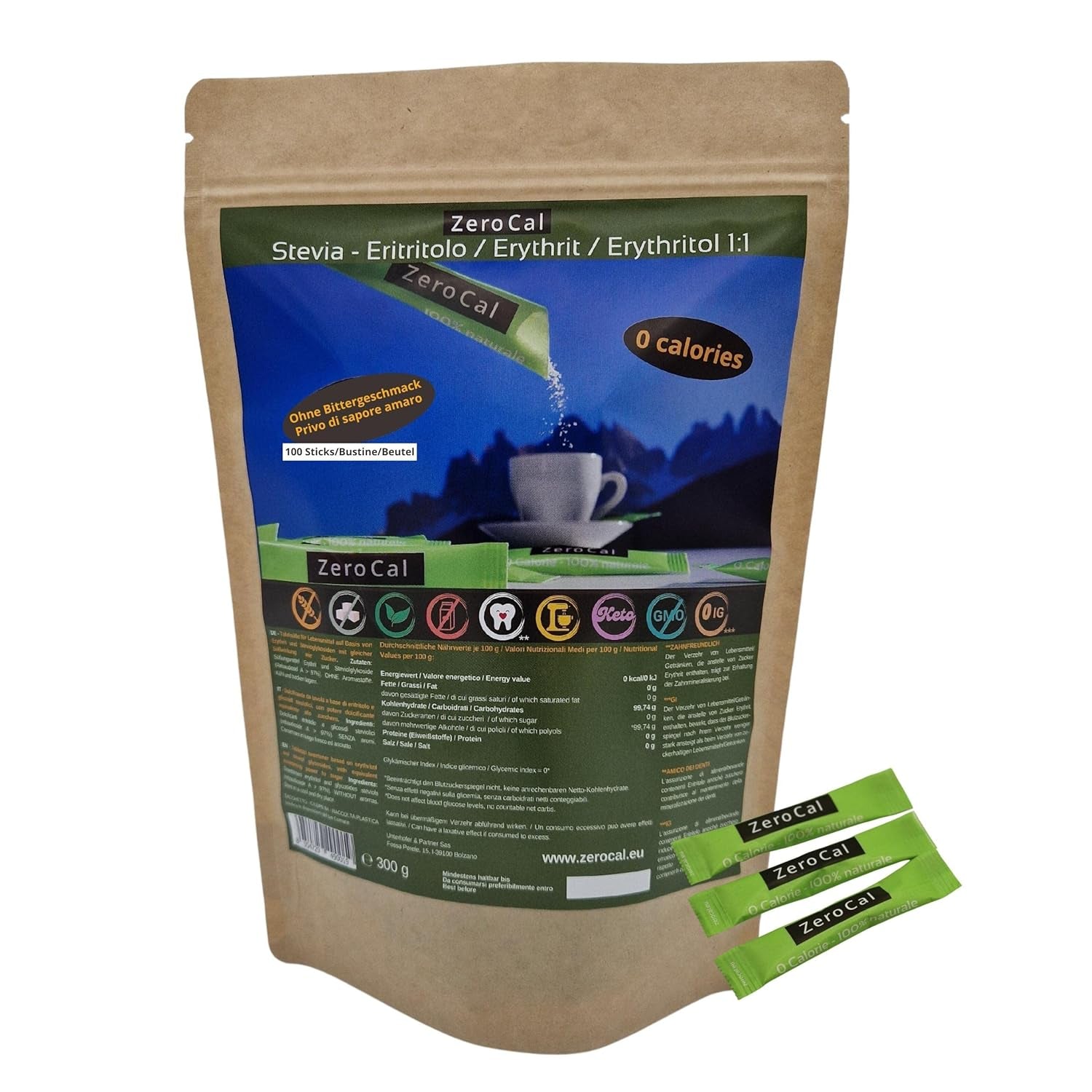 Zerocal - 1:1 (Eritritolo + Stevia) 100 Stick Je 3 G | Ideale per dolcificare caffè, tè e altre bevande Gleiche Süßkraft Von Zucker | Senza glutine, vegano, senza OGM | Kalorien und GI = 0 Dolcificanti Naty Shop Titolo predefinito