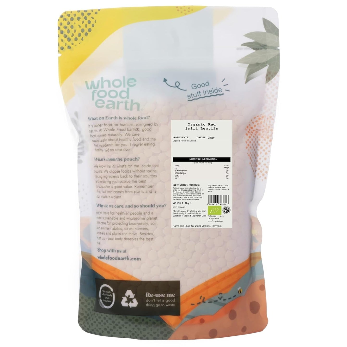 Wholefood Earth Lenticchie rosse spezzate biologiche 3 kg Non OGM Vegano Alto in fibre Alto in proteine ​​Da agricoltura biologica certificata