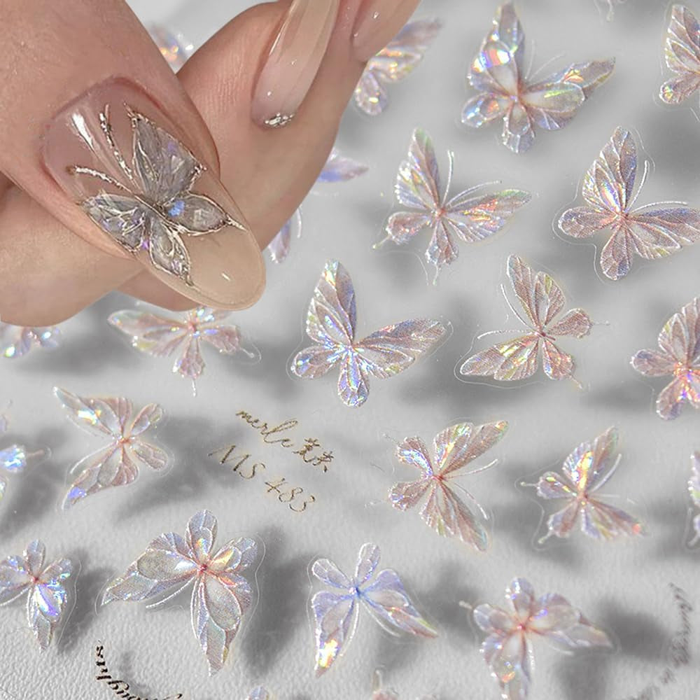 Glänzend Aurora Shell Schmetterling Nagelsticker Selbstklebend, Erleichterung Schmetterlinge Nail Sticker Rosa Laser Schmetterling Nagelaufkleber Für Frauen Nageldesign Zubehör Nagel Zubehör Nail Art