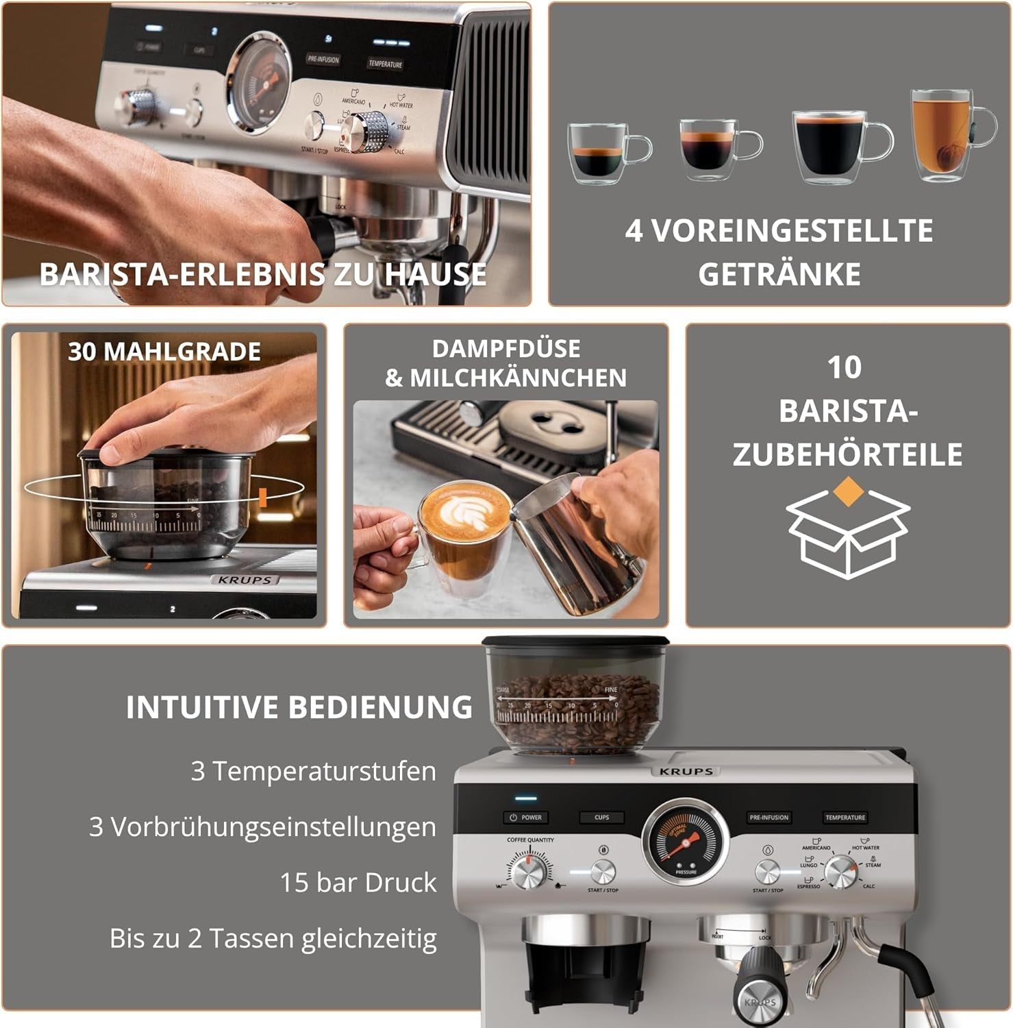 Macchina per caffè espresso manuale Krups Precision con portafiltro e macinacaffè, macchina per caffè barista con pannello di controllo intuitivo, impostazioni di pre-infusione, macchina per caffè espresso con ugello vapore, riscaldamento rapido, XP801T10