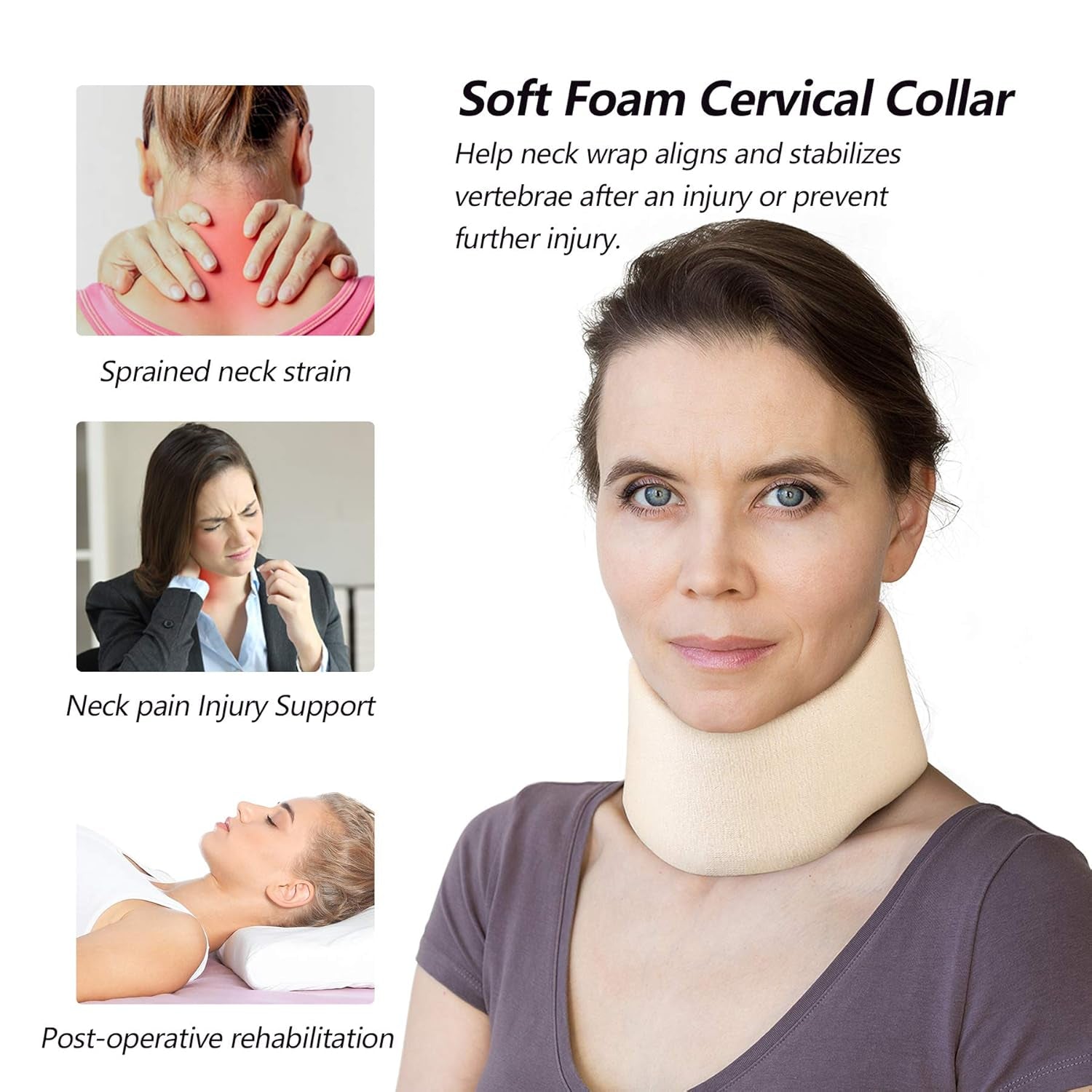 RESTCLOUD Supporto per il collo in morbida schiuma, Collare universale, Supporto per il collo regolabile per il sonno - Allevia il dolore al collo (Bianco, Collare profondo 6,4 cm, M) Cuscini ortopedici cervicali Naty Shop