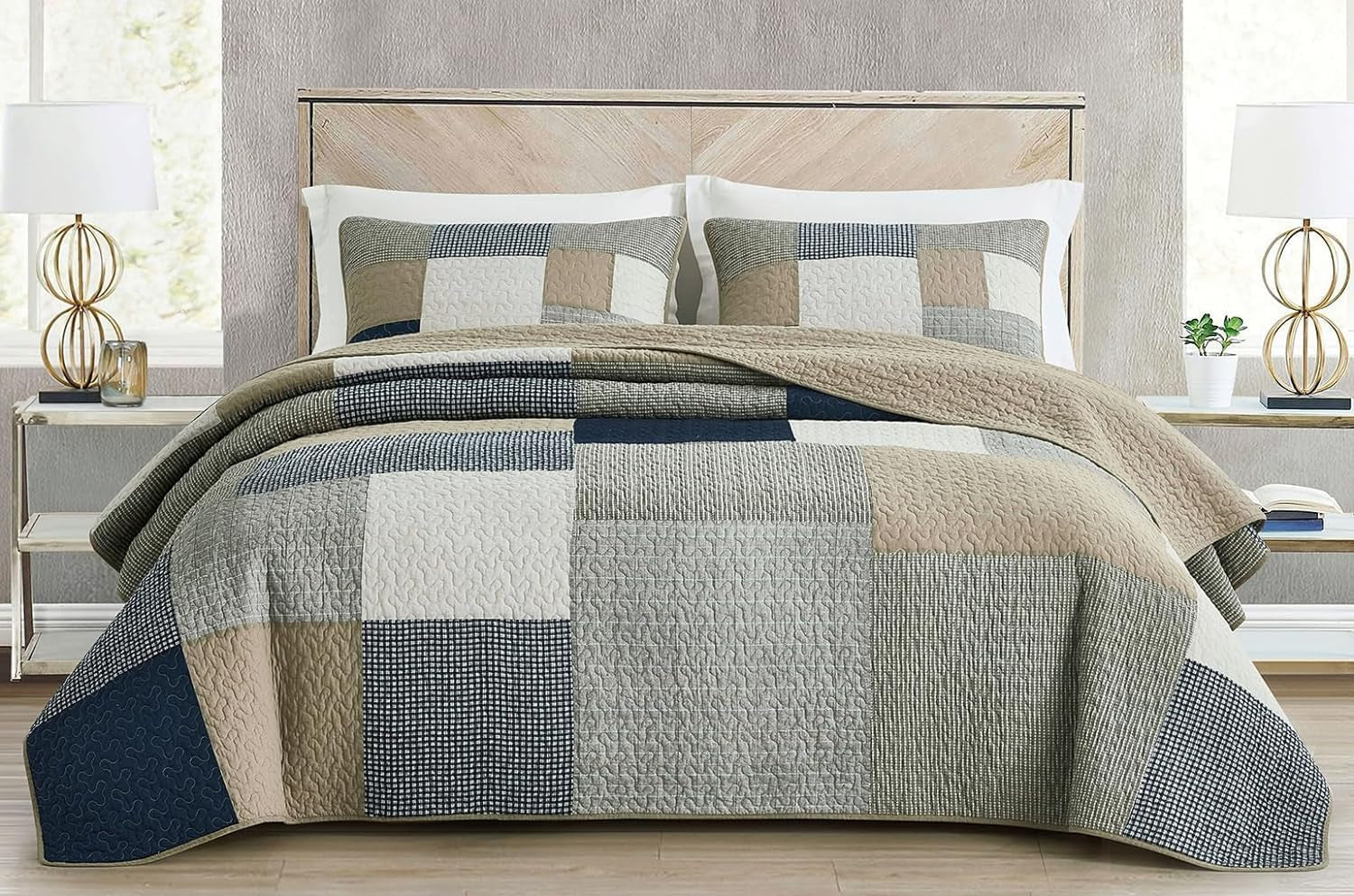 Collezione Chezmoi Addy Set trapunta patchwork Cotone prelavato Leggero Reversibile Per tutte le stagioni Oversize 3 pezzi Blu marino Bianco Grigio Talpa Trapunte e trapunte scozzesi Naty Shop