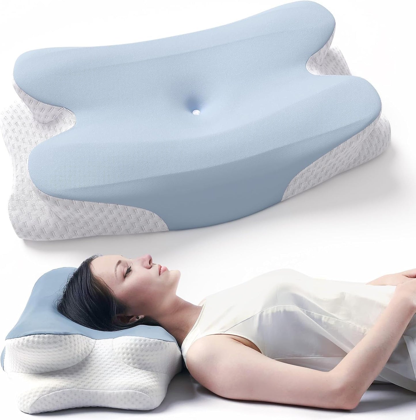 RUMMY Cuscino ergonomico di supporto per il collo in memory foam con fodera lavabile rimovibile per chi dorme sul fianco e sulla pancia (Grigio) Cuscini ortopedici cervicali Naty Shop Blu