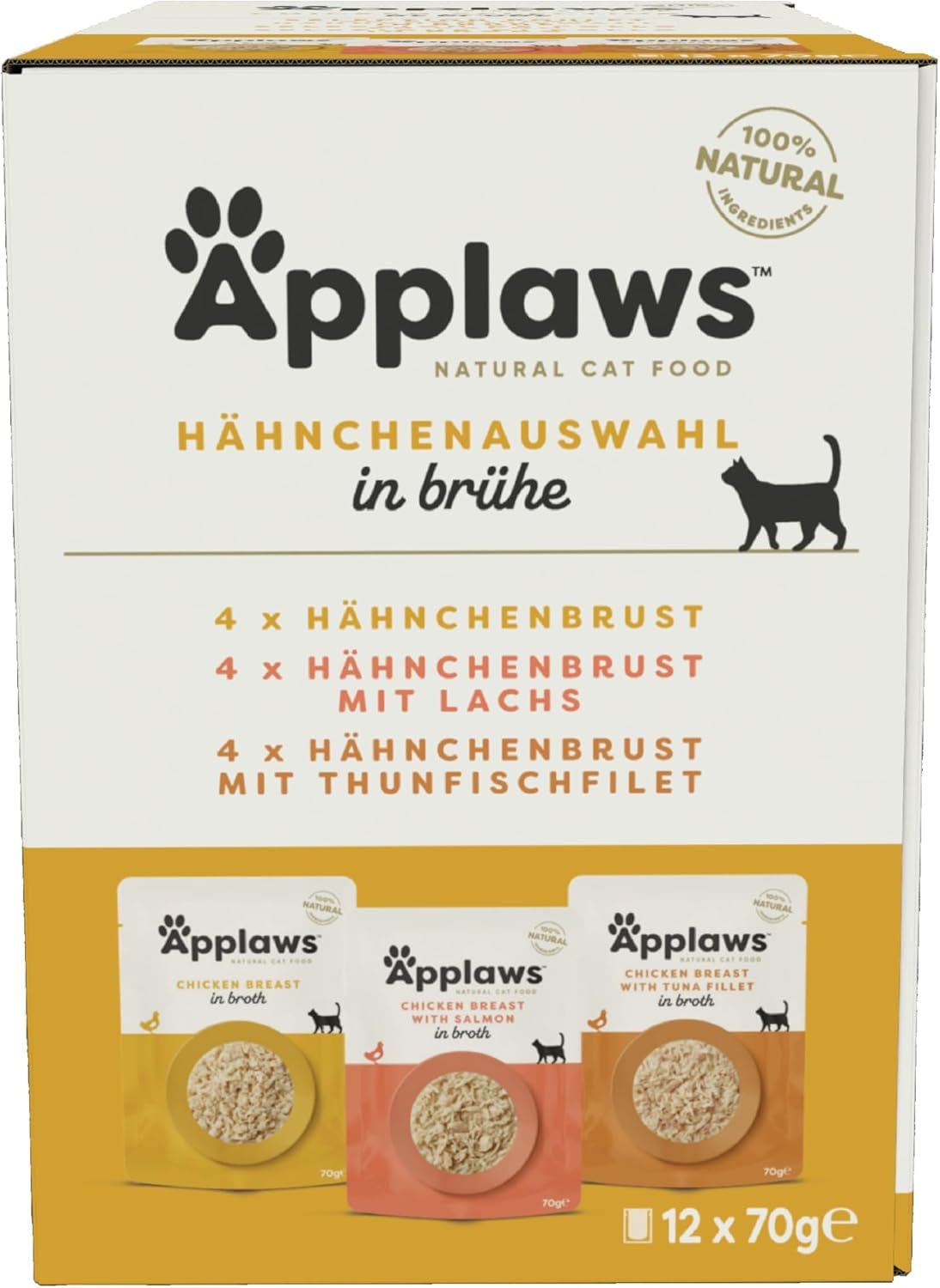 Applaws Bustine di cibo umido naturale per gatti, confezione multipla, selezione di brodo di pollo, 12 bustine x 70 g