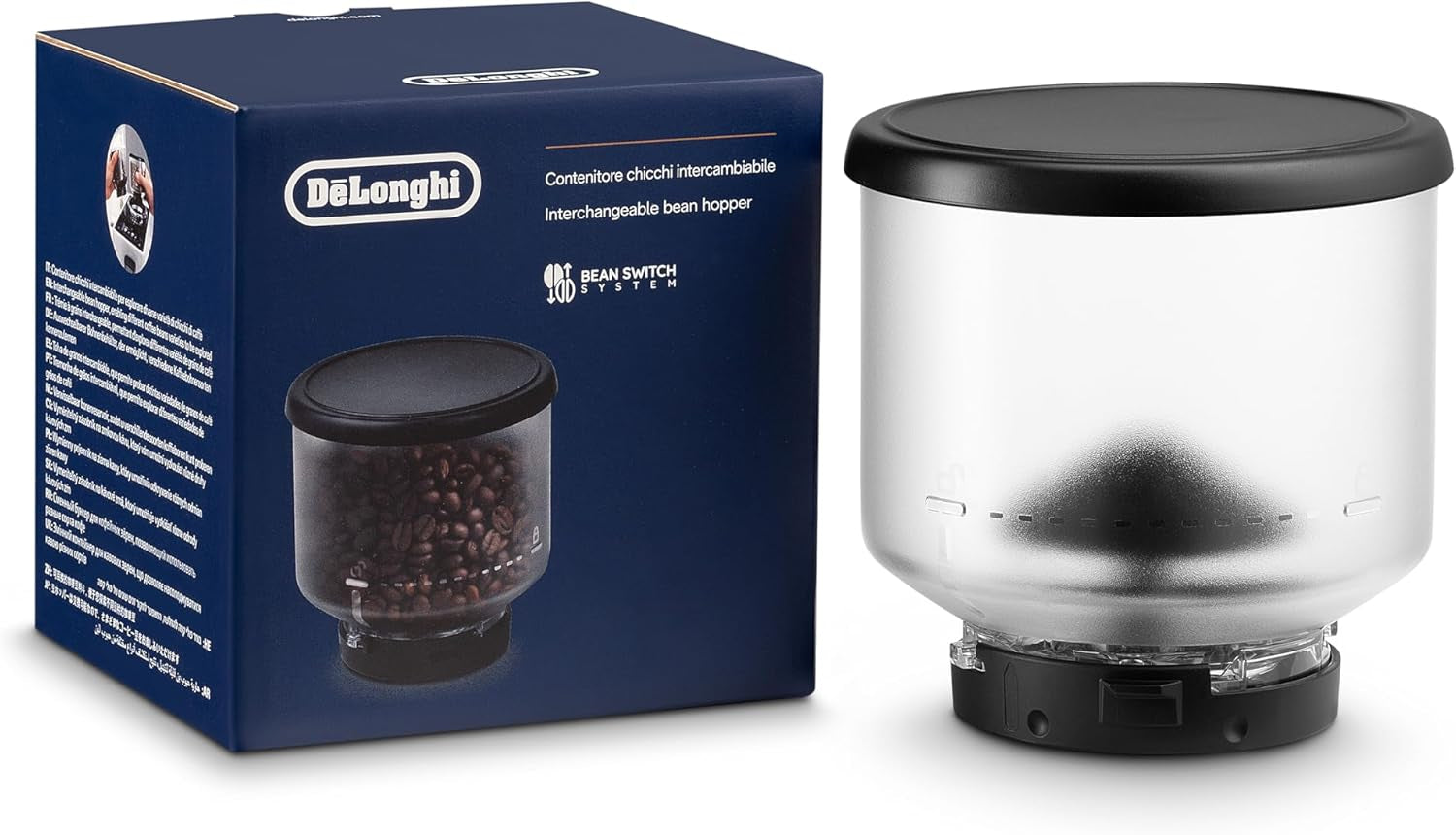 Contenitore per chicchi De'Longhi DLSC403, contenitore per chicchi sostituibile per macchina da caffè automatica De'Longhi Rivelia, incl. Caffè in grani da 250 g, coperchio nero