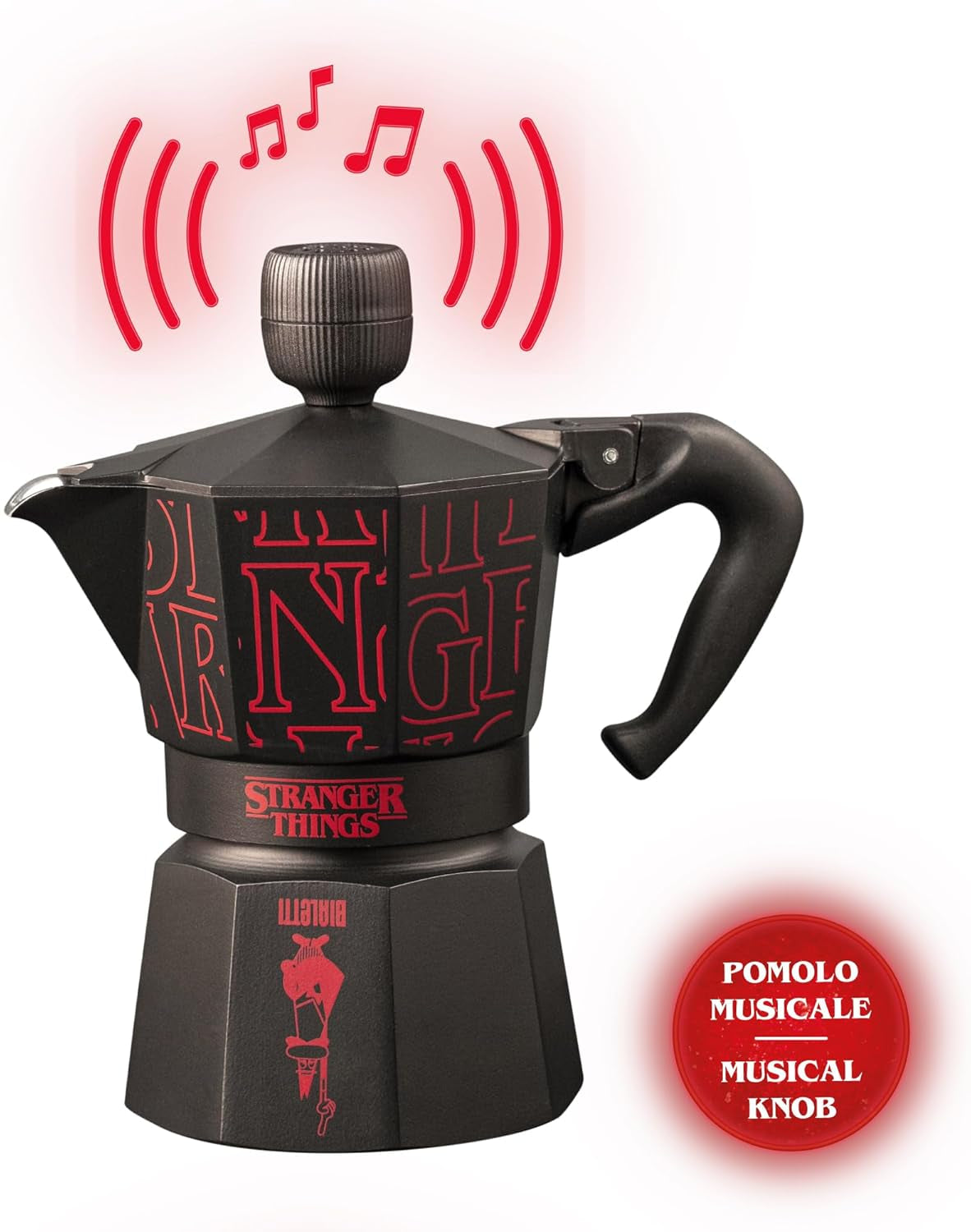 Bialetti Moka Express Stranger Things Caffettiera da 3 tazze, Tasto musica con funzione di ricarica USB-C, Non adatta ai piani cottura a induzione, 3 tazze (130 ml), Nero