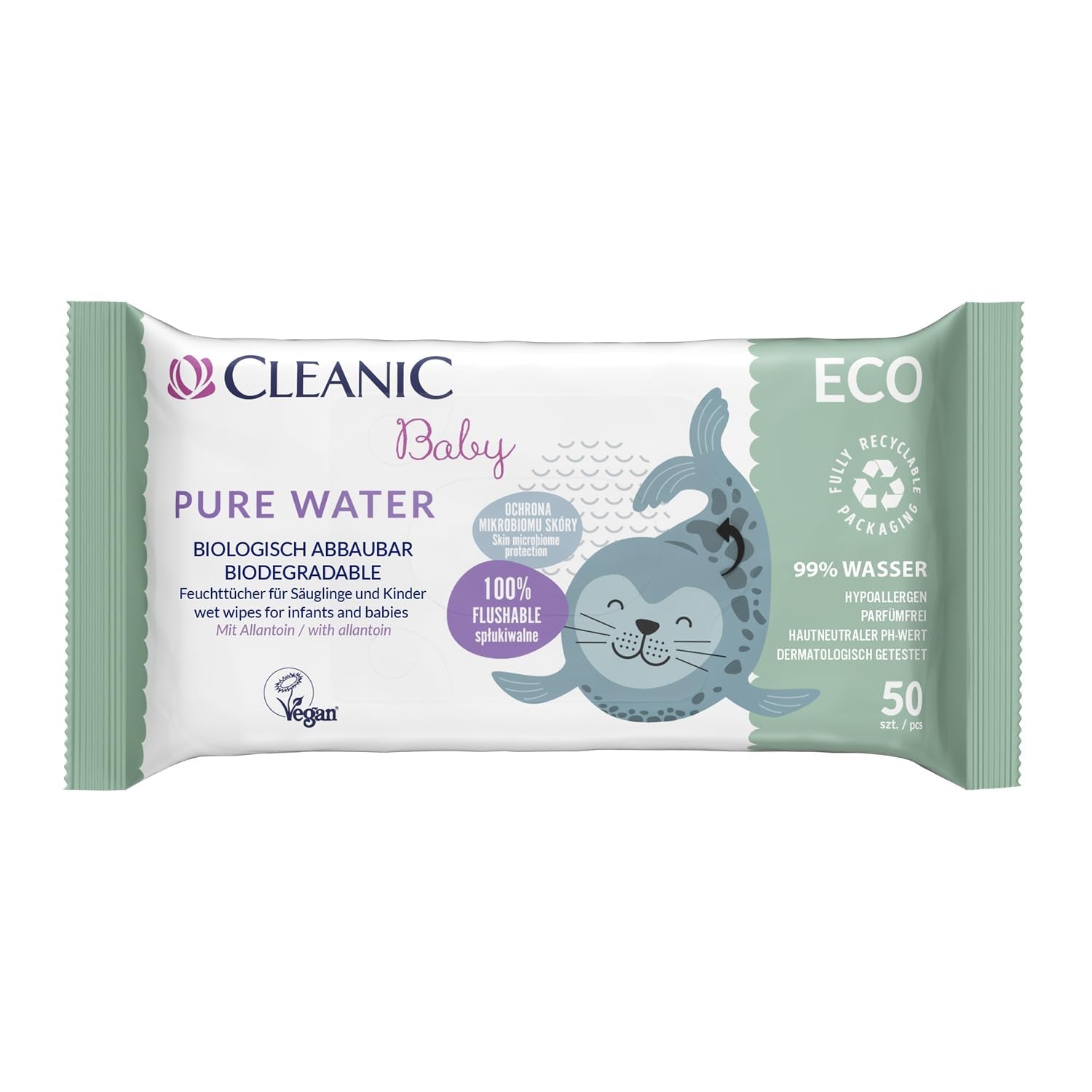 Salviettine umidificate Cleanic Baby Eco Pure Water – (1 x 50 pz.) Salviette umidificate per bambini e neonati – senza profumo, lavabili, pelle sensibile – 50 pz.