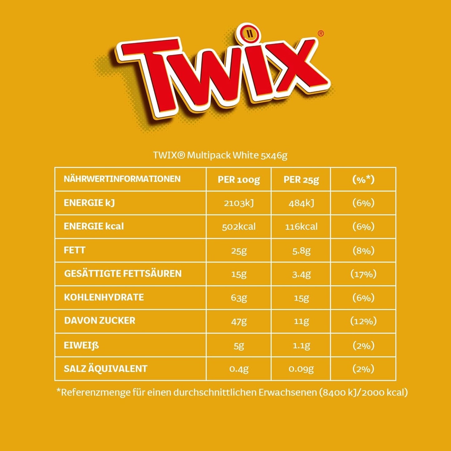 Tavolette di cioccolato bianco Twix; caramello, biscotti, cioccolato bianco; confezione multipla di cioccolatini; 5 barrette (5 x 46 g)