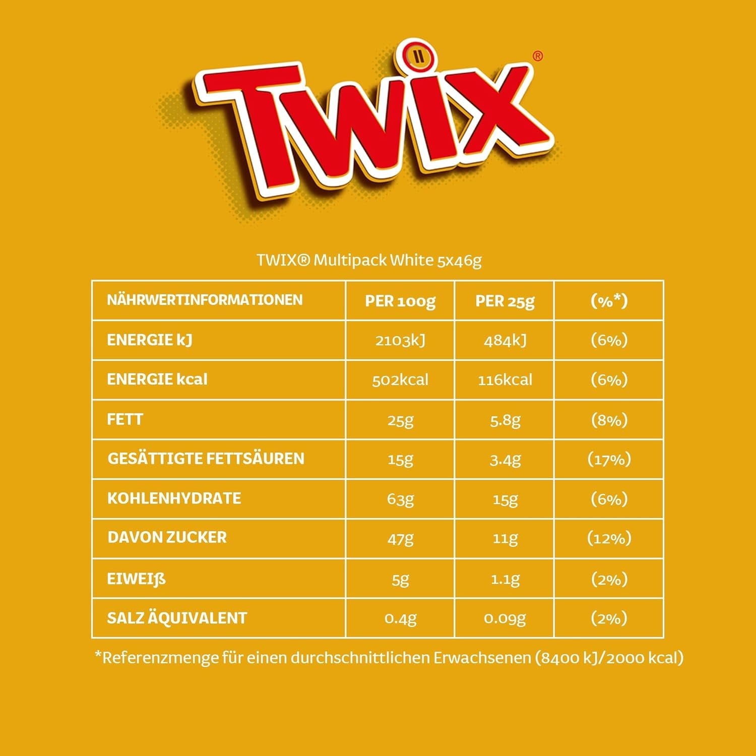 Tavolette di cioccolato bianco Twix; caramello, biscotti, cioccolato bianco; confezione multipla di cioccolatini; 5 barrette (5 x 46 g)