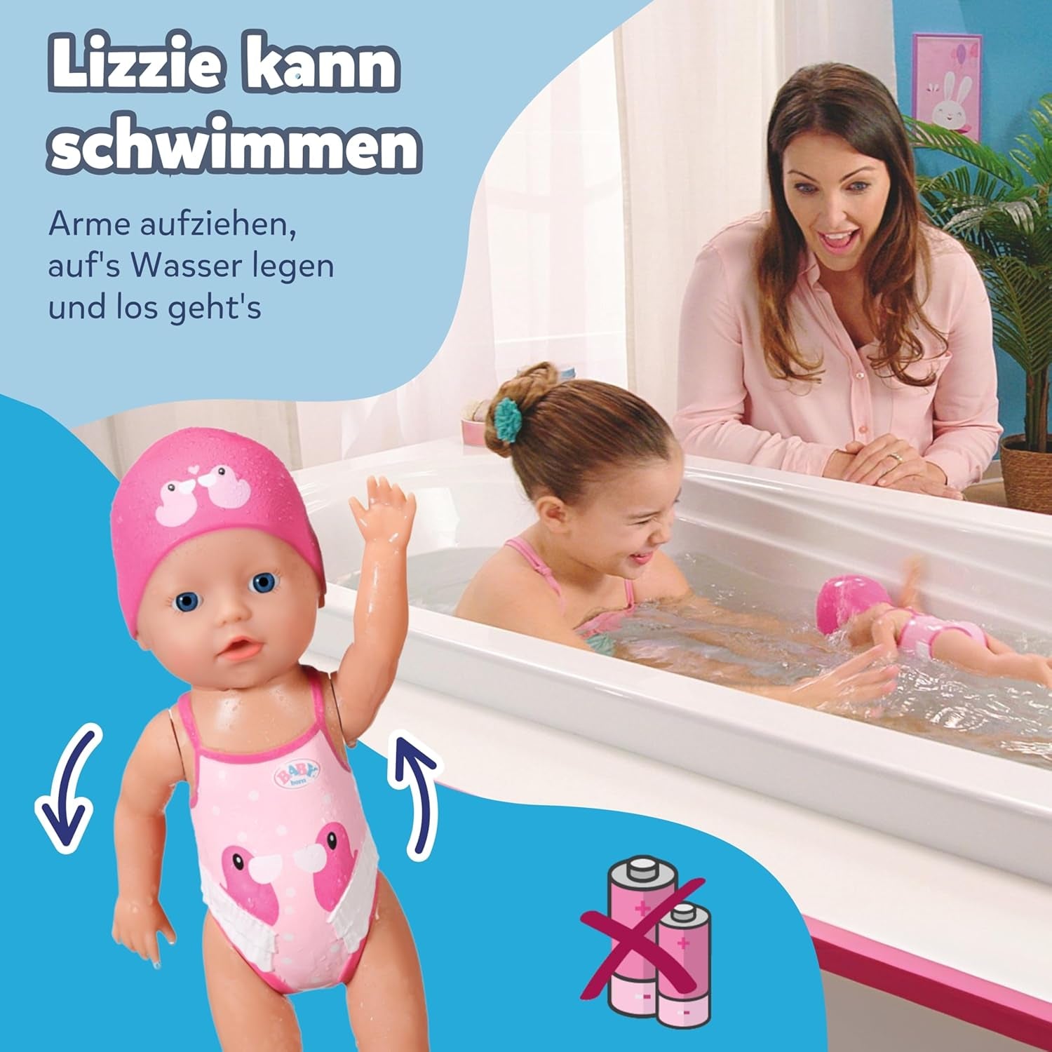 BABY Born My First Swimmer Girl - Bambola da 30 cm - Bambola da Bagno con Meccanismo Girevole, Impermeabile - Funziona senza batterie - Adatta per bambini da 1 anno in su