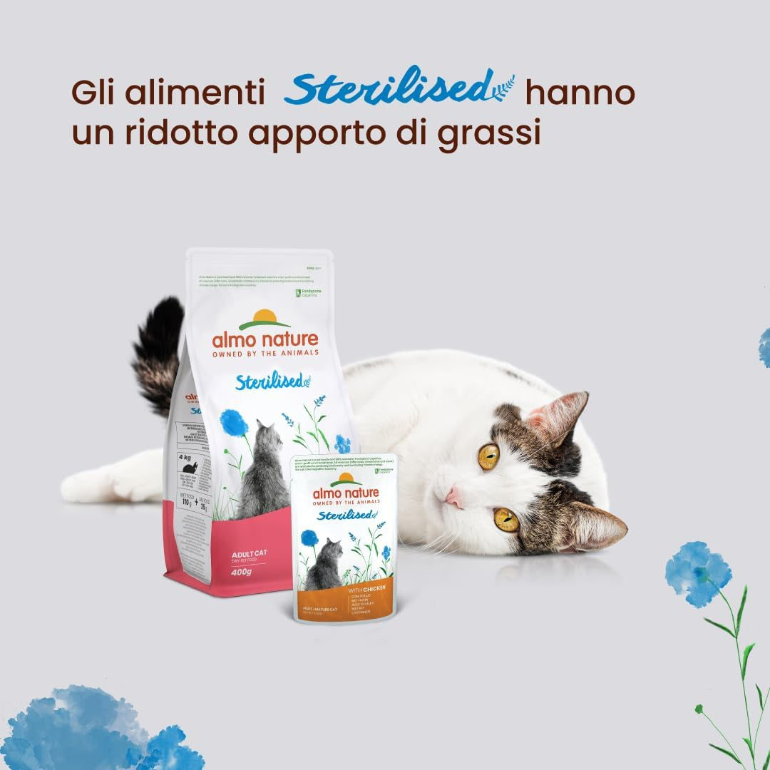 Almo Nature Functional - Sterilized - Alimento umido per gatti adulti e anziani, sterilizzati o meno attivi - con merluzzo e pollo - Basso contenuto di grassi, idratante - 70g (confezione da 6)