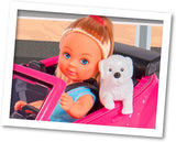 Simba 105731539 - Evi Love Beetle Evi's, Evi con macchina, macchina: 22 cm, con cane, bambola fashion, 12 cm, per bambini dai 3 anni in su