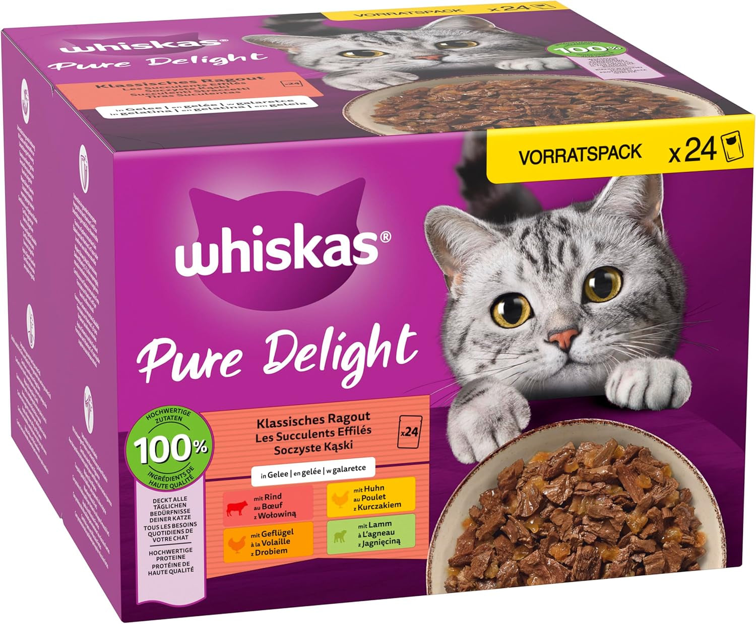 WHISKAS PURE DELIGHT Alimento umido in gelatina 24 x 85g Ragù Classico (4 confezioni) 48 buste porzionate