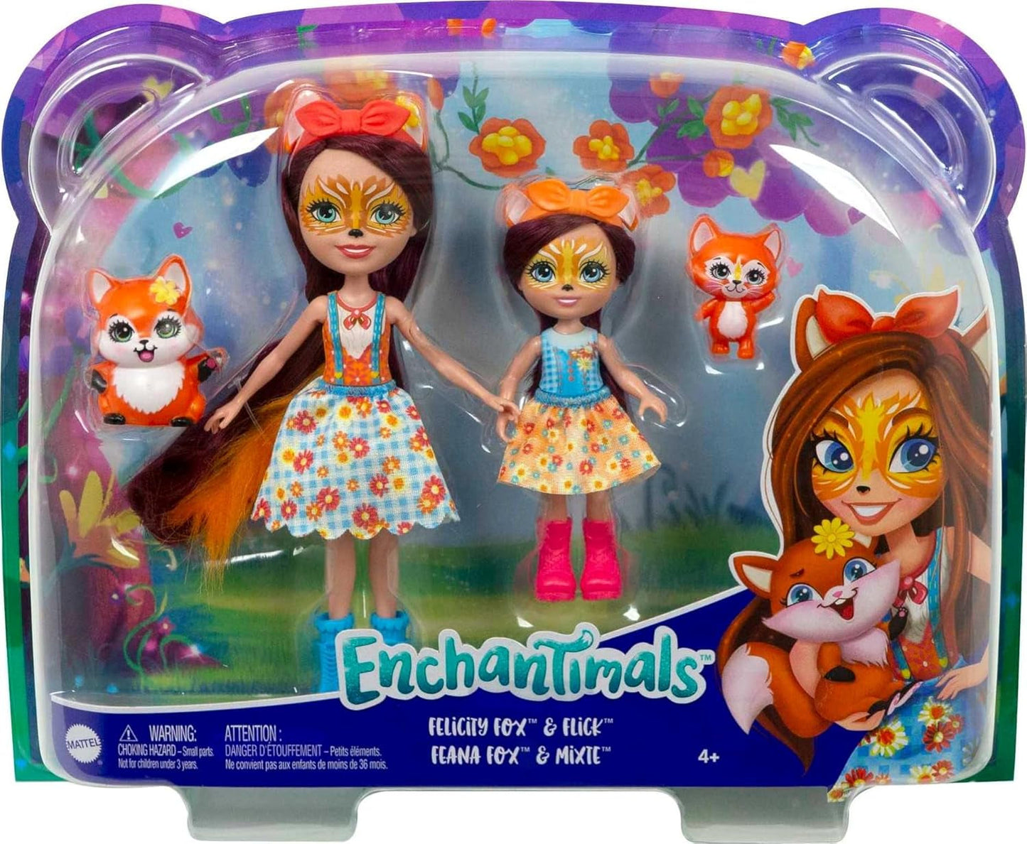 Enchantimals HCF81 - Felicity Fox e la sua sorellina (circa 15 cm e circa 10 cm) e 2 figure di animali, gonna staccabile e accessori, ottimo regalo per bambini dai 3 anni in su