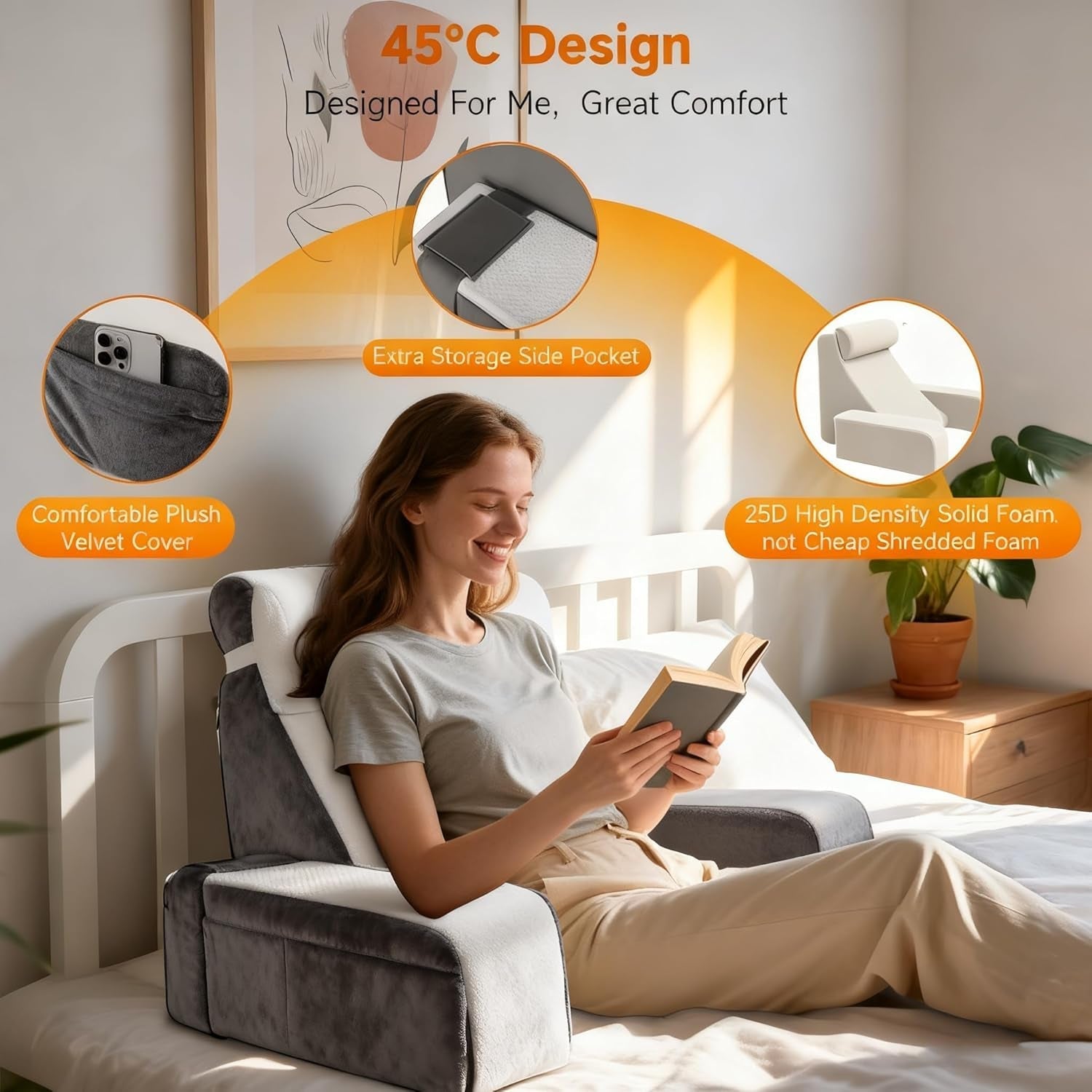 Ampio cuscino da lettura con supporto per collo e braccioli removibili, cuscino schienale per letto, cuscino schienale ergonomico con bracciolo, tasca e fodera lavabile per leggere e guardare la TV.