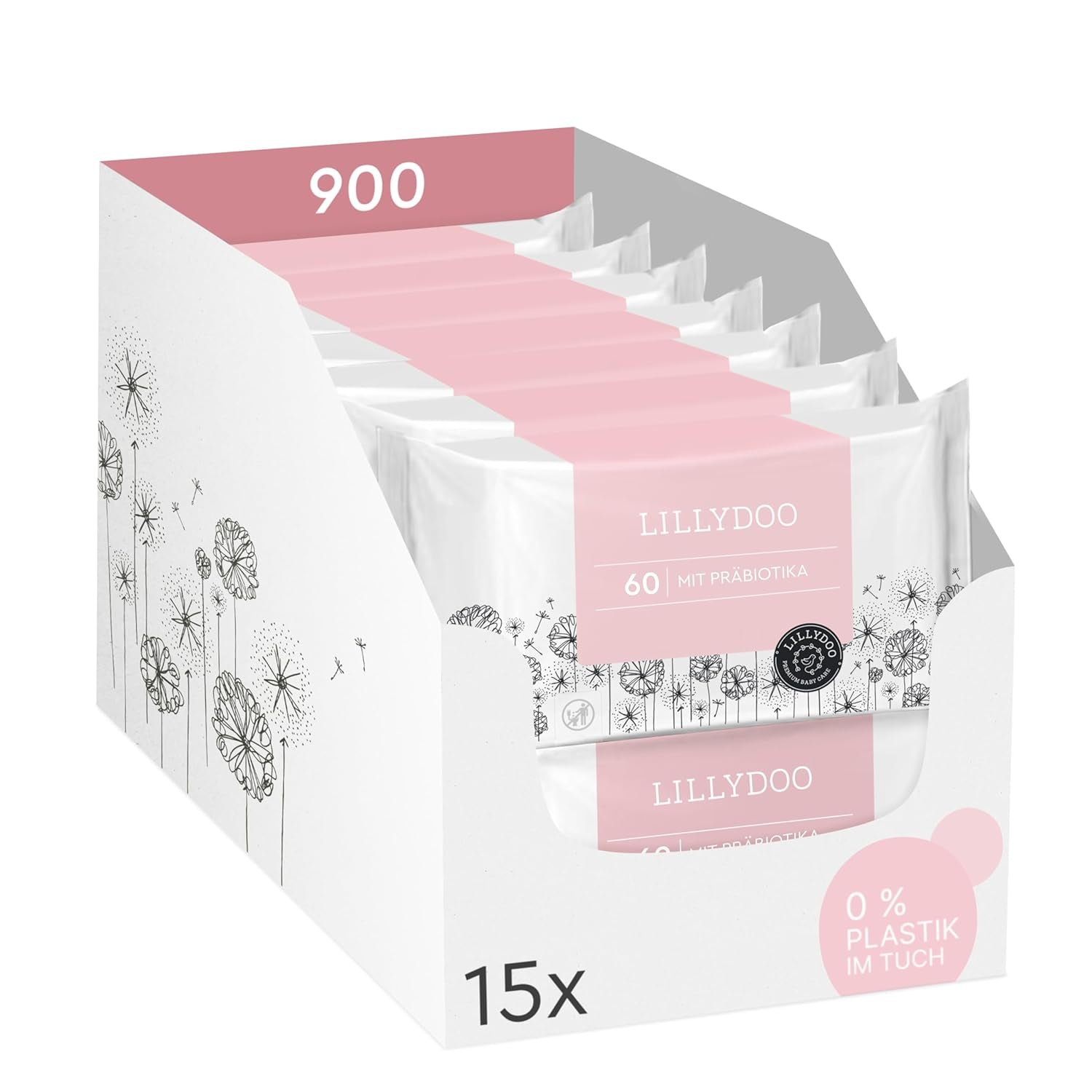 LILLYDOO Salviette umidificate Green, 600 salviette (10 x 60), salviette resistenti allo strappo 100% senza plastica - Senza profumo, delicate e naturali, detergenti delicati per pelli sensibili, dermatologicamente testate