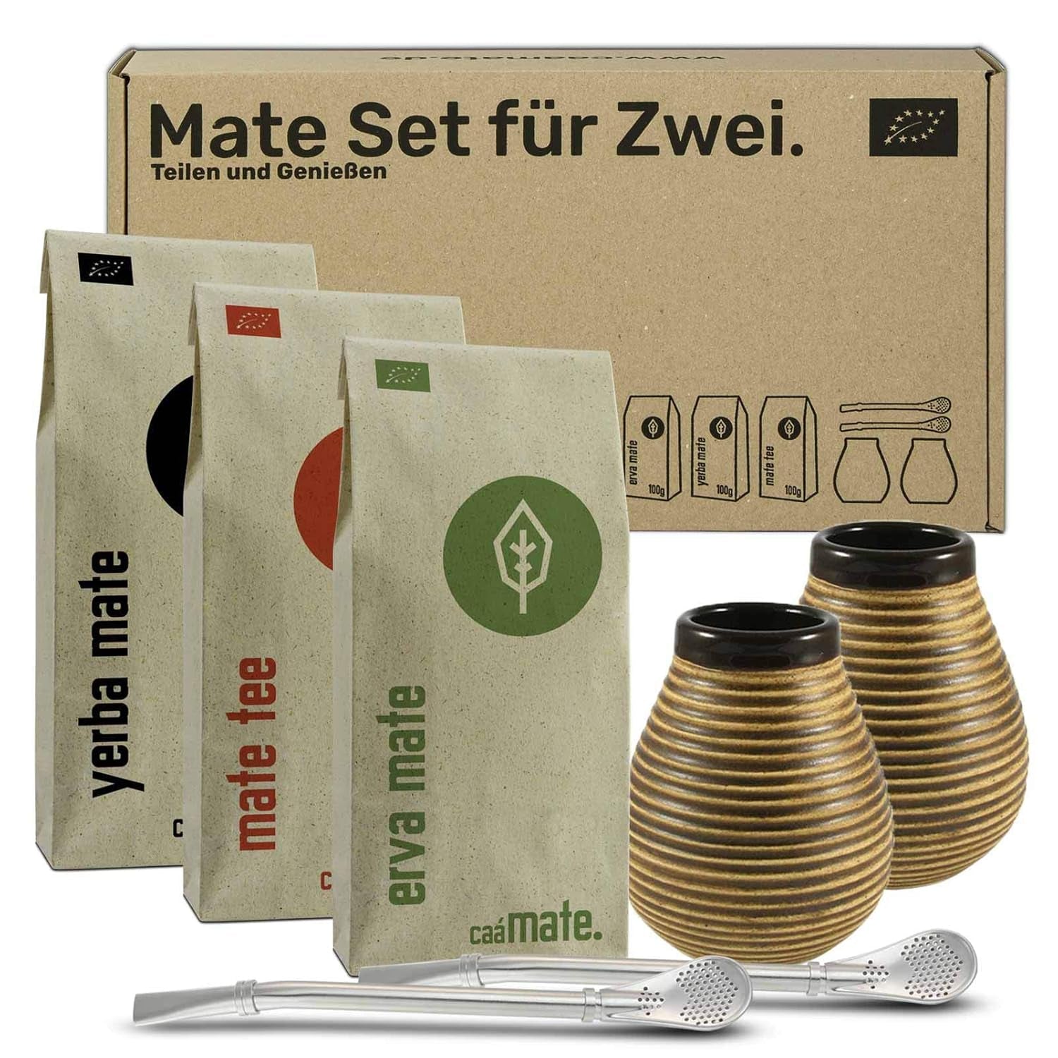 Set da tè Mate per due, biologico ● 2 tazze Mate + 2 bombillas + 300 g di tè Mate + istruzioni per la preparazione
