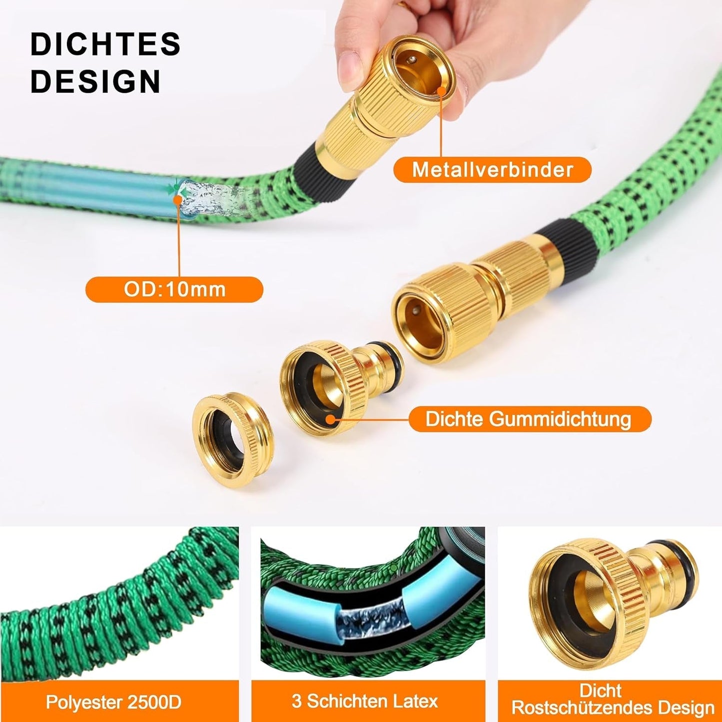 Tubo da Giardino Estensibile da 45 m, Tubo Flessibile per Acqua Retrattile Automatico, 10 Tipi di Spruzzo, TPE 2500D, Connettori in Metallo, Per Giardini Molto Grandi, Agricoltura, Pulizia
