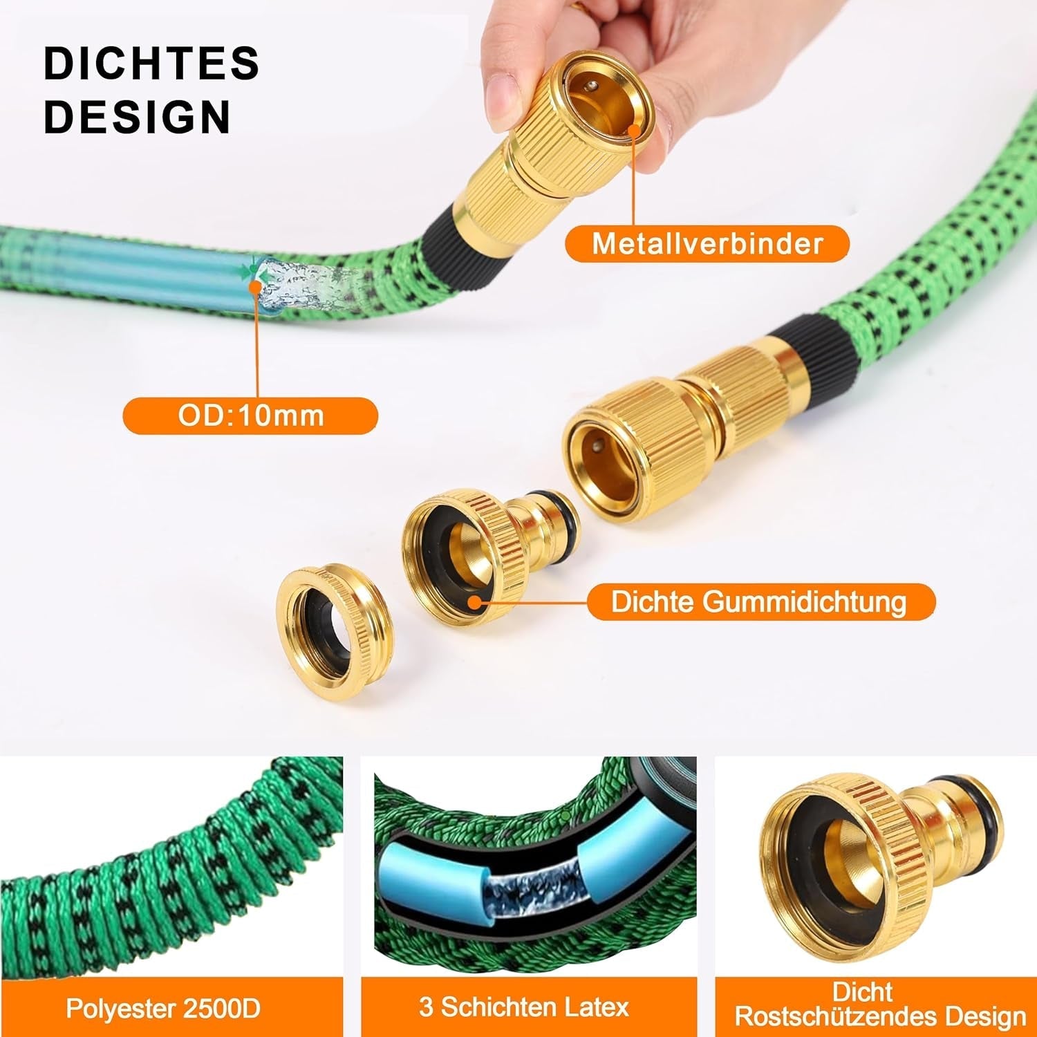 Tubo da Giardino Estensibile da 45 m, Tubo Flessibile per Acqua Retrattile Automatico, 10 Tipi di Spruzzo, TPE 2500D, Connettori in Metallo, Per Giardini Molto Grandi, Agricoltura, Pulizia