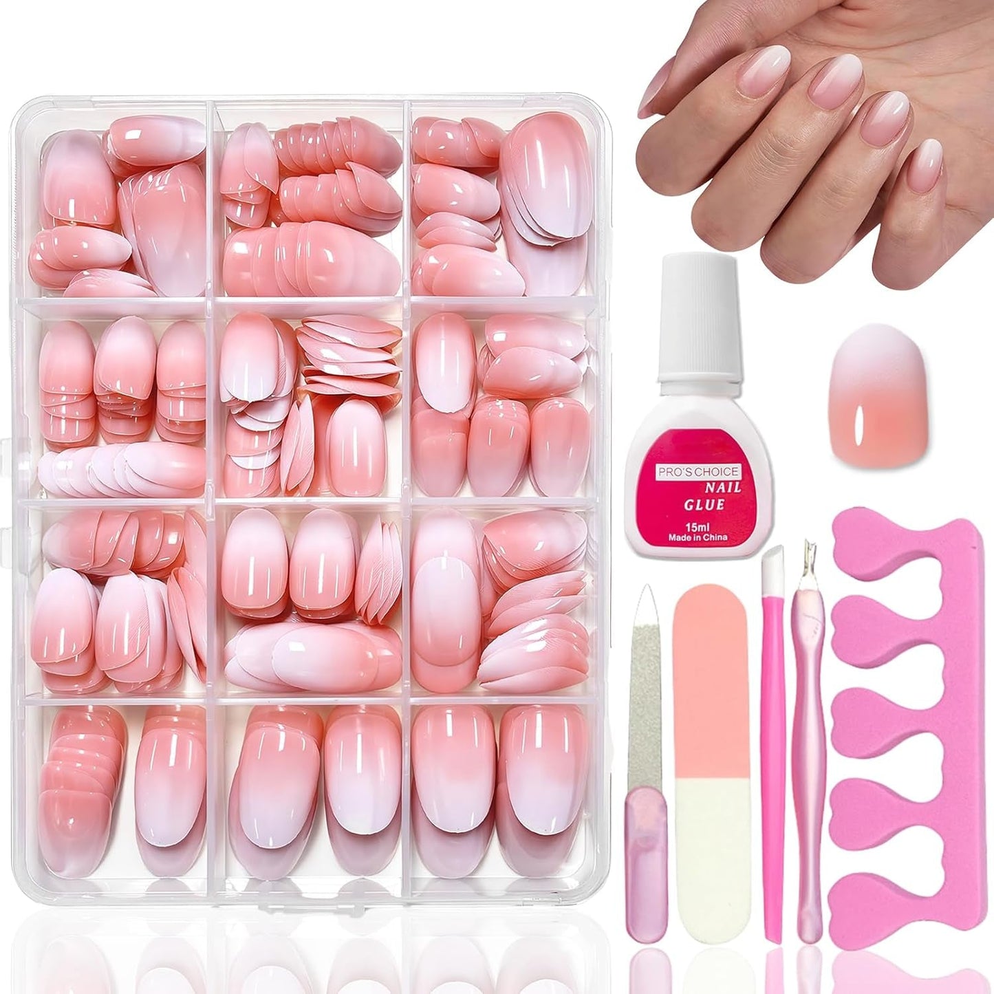 Kit per unghie finte da 360 pezzi - Unghie finte corte rosa nude sfumate bianche - Colla quadrata su unghie finte - Unghie autoadesive lucide a copertura totale per donne e ragazze (quadrate)