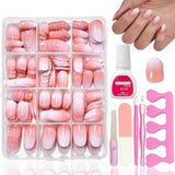 Kit per unghie finte da 360 pezzi - Unghie finte corte rosa nude sfumate bianche - Colla quadrata su unghie finte - Unghie autoadesive lucide a copertura totale per donne e ragazze (quadrate)