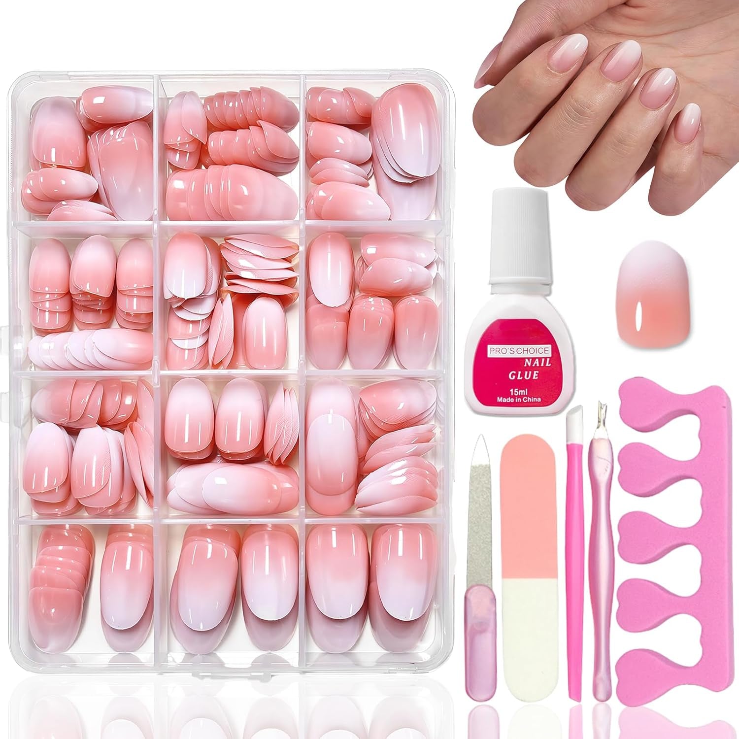 Kit per unghie finte da 360 pezzi - Unghie finte corte rosa nude sfumate bianche - Colla quadrata su unghie finte - Unghie autoadesive lucide a copertura totale per donne e ragazze (quadrate)