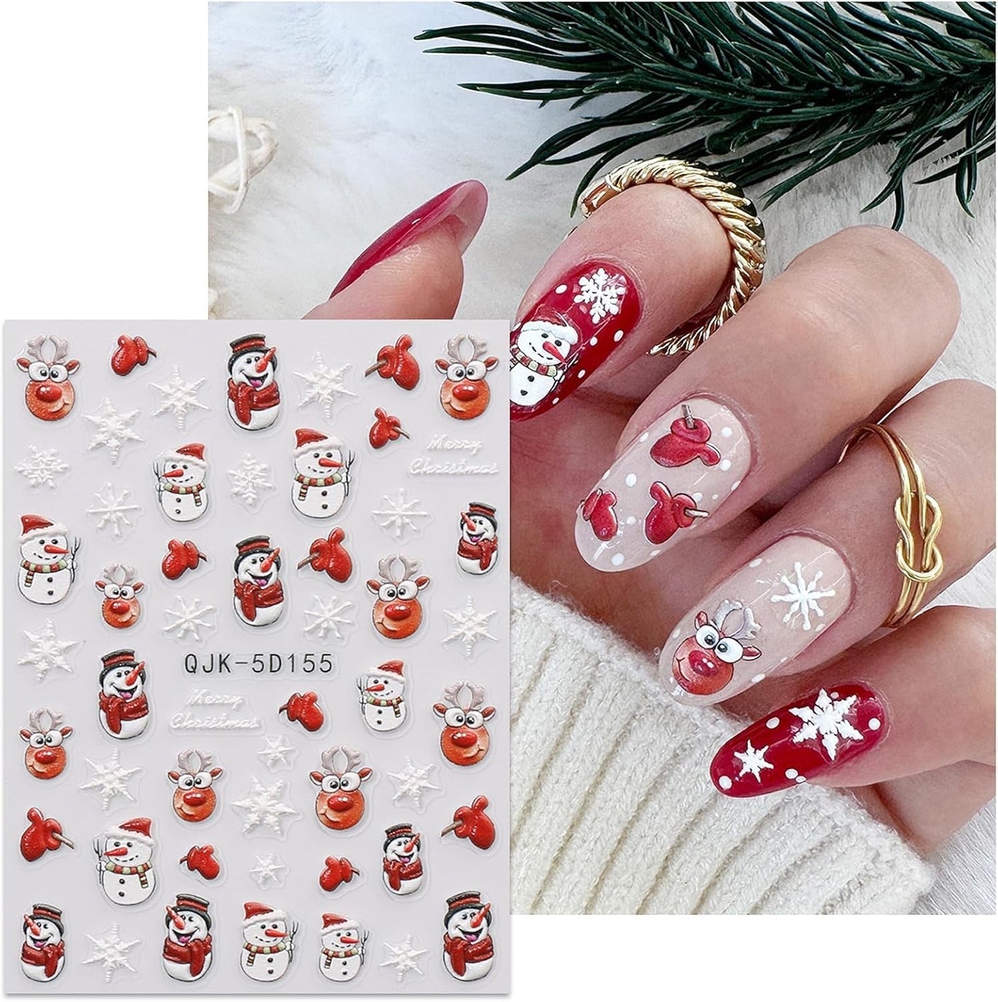 JMEOWIO 3D Nagelsticker Weihnachten Nail Art Sticker Selbstklebend Nagelaufkleber 5D Stereoscopic Schneeflocke Xmas Winterurlaub Niedlich Dekoration Nageldesign Zubehör 4 Blatt