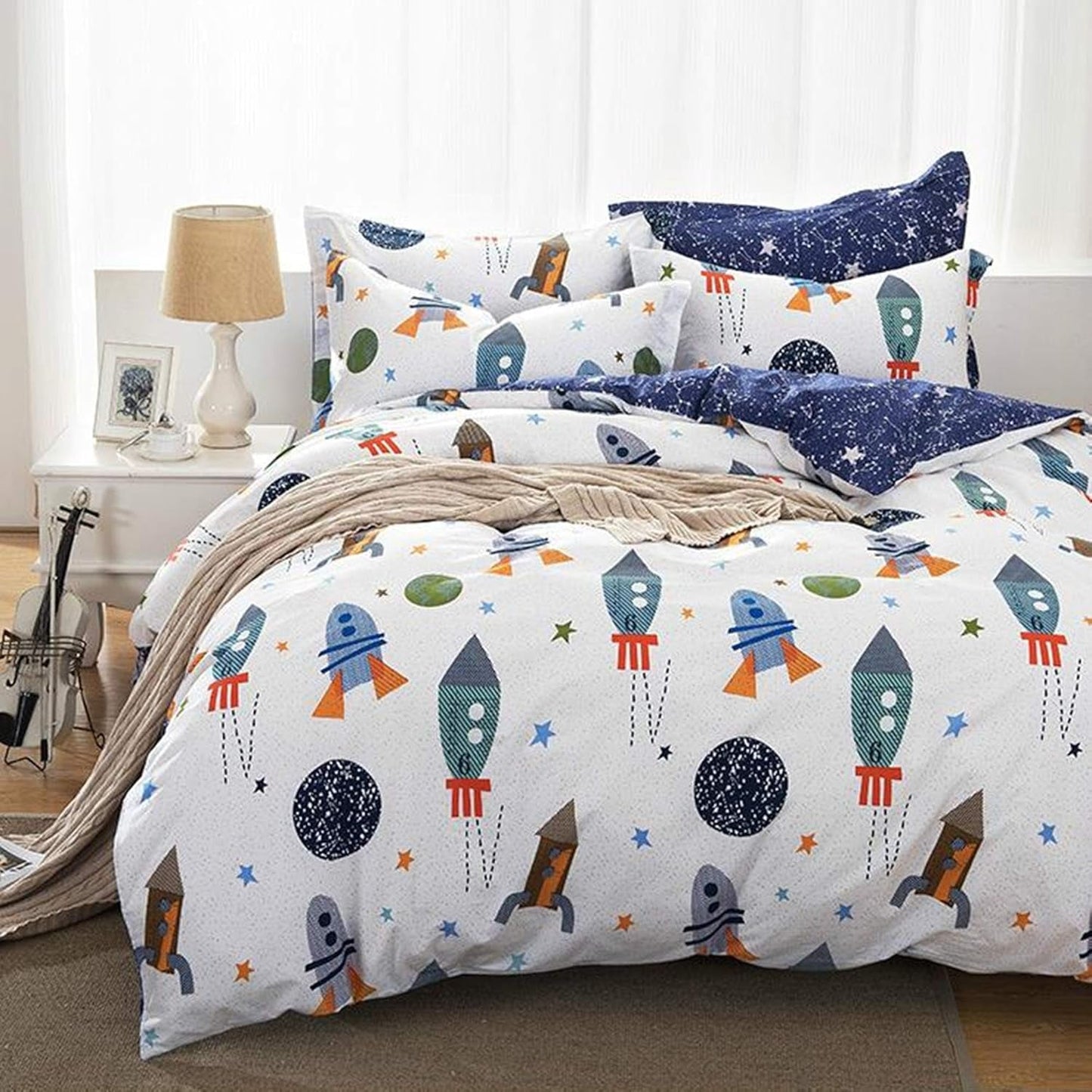 Biancheria da letto per bambini, razzi e pianeti, design reversibile, biancheria da letto in cotone - bambini Naty Shop 155X220Cm + 50X75Cm
