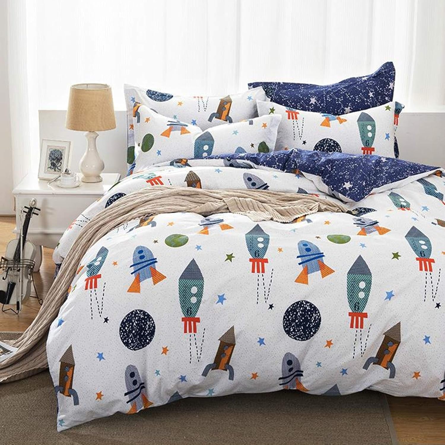 Biancheria da letto per bambini, razzi e pianeti, design reversibile, biancheria da letto in cotone - bambini Naty Shop 155X220Cm + 50X75Cm