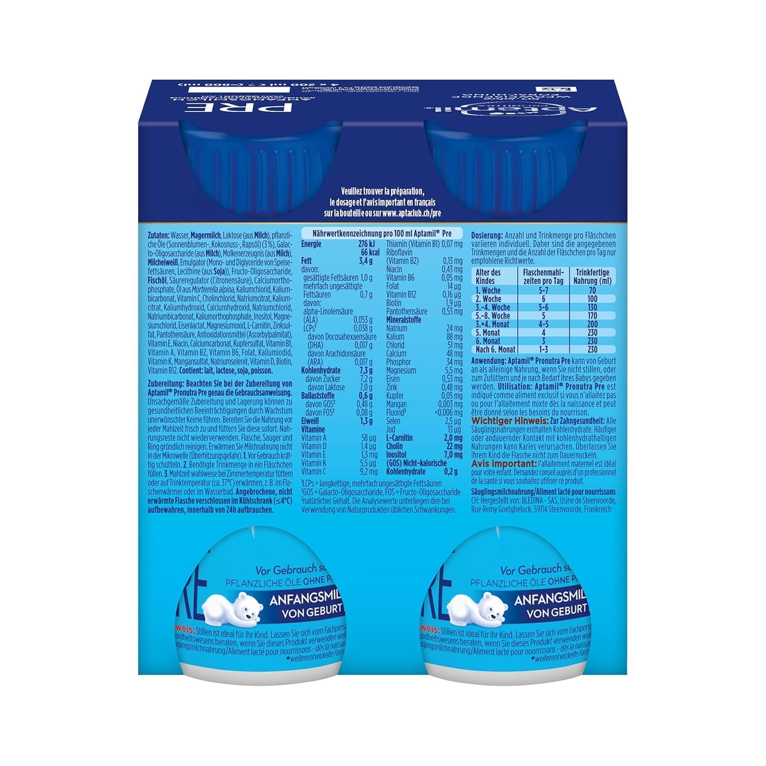 Aptamil Pronutra Pre - Latte per lattanti dalla nascita - Con oli vegetali, senza olio di palma - 6 x 4 x 200 ml (4800 ml)