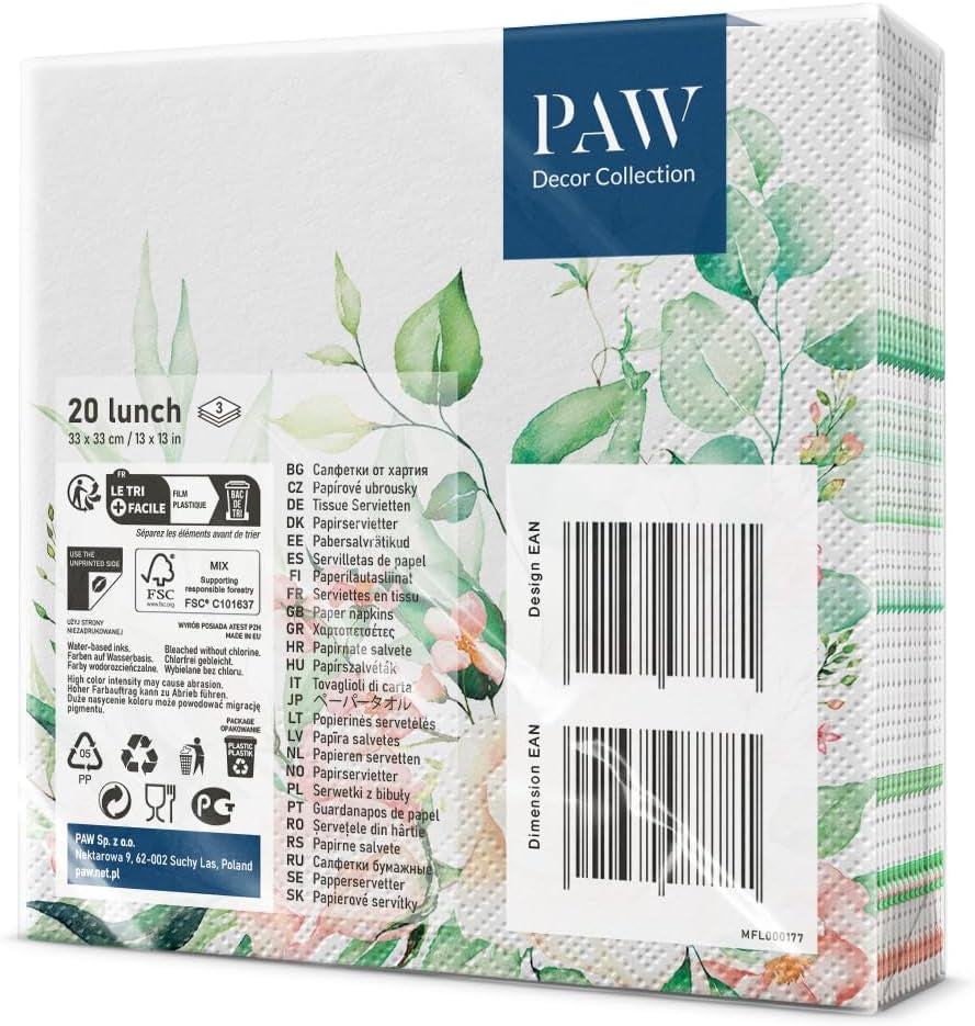 PAW - Tovaglioli 3 Veli (33 X 33 Cm) I 20 Pezzi I Perfetti per Compleanni, Feste, Matrimoni, Comunioni e Festività I Tovaglioli di Carta Colorata - Fiori, Rose I Colore: Momenti Floreali (Confezione da 2)