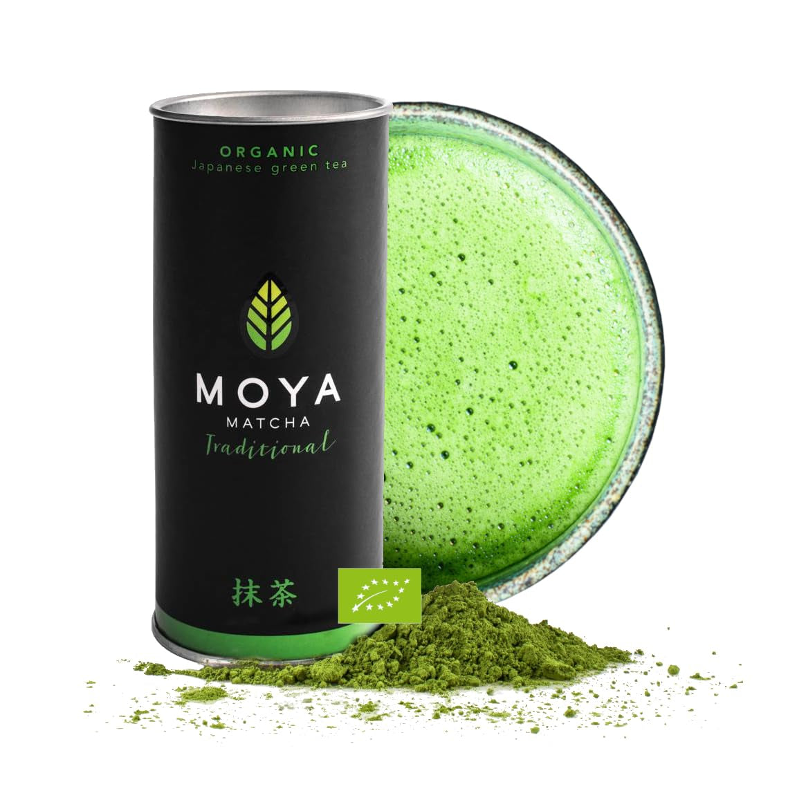 Tè verde biologico Moya Matcha in polvere | 100 g qualità cerimonia tradizionale 30 g | Coltivato e raccolto biologicamente a Uji, in Giappone | Perfetto da bere con acqua, matcha latte, frullati e limonate