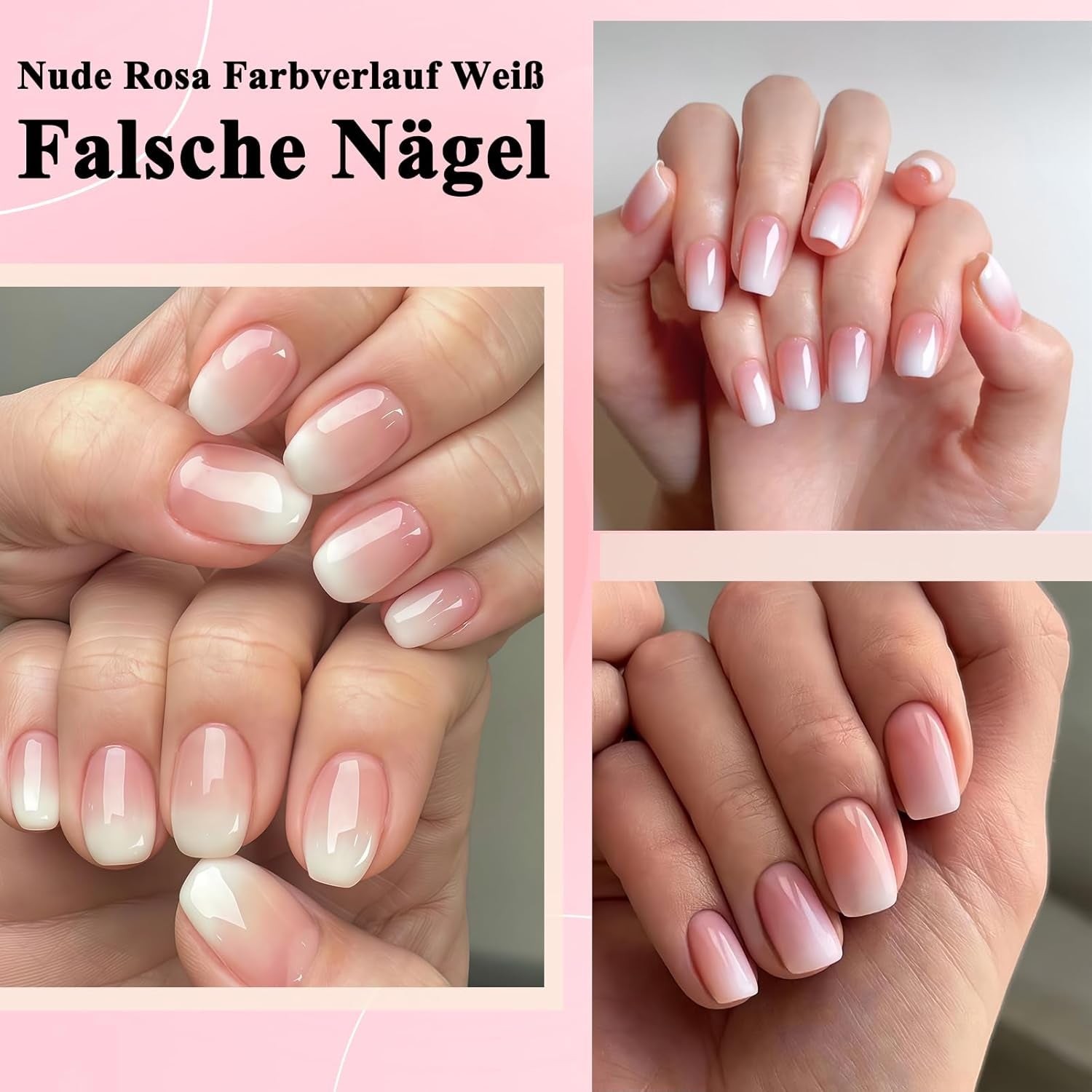 Kit per unghie finte da 360 pezzi - Unghie finte corte rosa nude sfumate bianche - Colla quadrata su unghie finte - Unghie autoadesive lucide a copertura totale per donne e ragazze (quadrate)