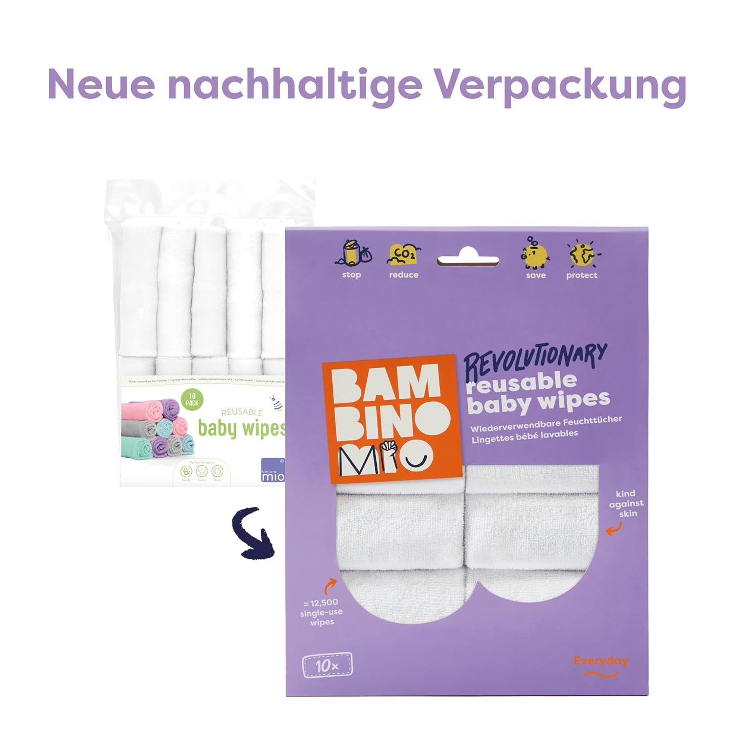 Salviette per neonati riutilizzabili Bambino Mio - Basic - Ecologiche, senza sostanze chimiche, fronte-retro, lavabili, confezione da 10, nuvola - La confezione può variare