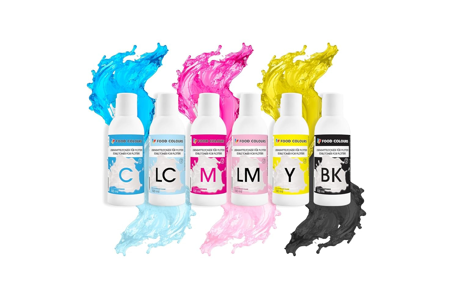 Set coloranti alimentari con inchiostri alimentari per plotter 6 x 100 ml | Ciano chiaro | Ciano | Magenta chiaro | | Magenta | Giallo | Nero | Stampa commestibile, stampa su carta wafer, topping decorativo per torte