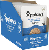Applaws 100% naturale Nassfutter für Katzen, Thunfischfilet mit Krabben in Brühe - Packung mit 12 x 70g Beuteln