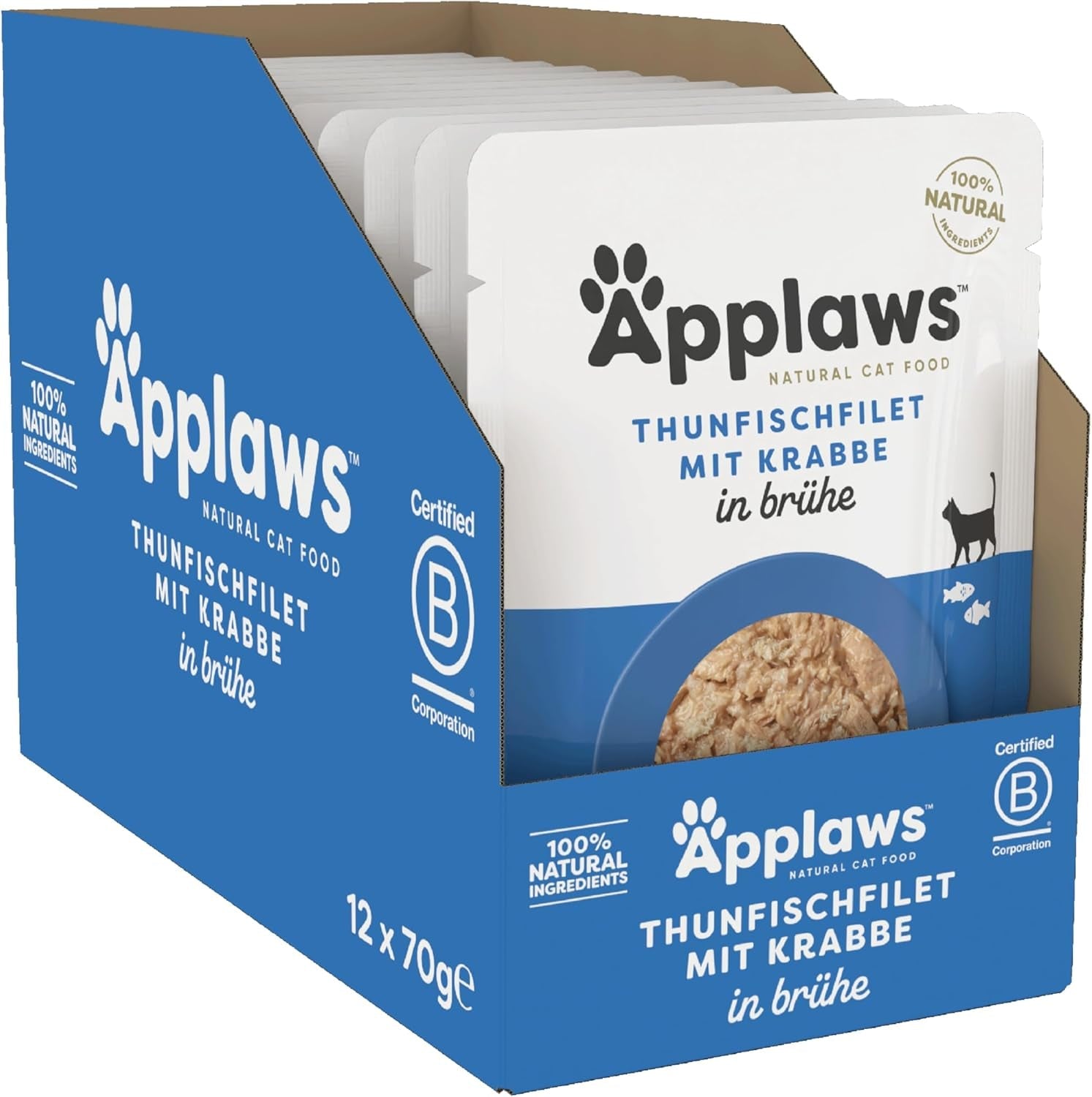 Applaws 100% naturale Nassfutter für Katzen, Thunfischfilet mit Krabben in Brühe - Packung mit 12 x 70g Beuteln