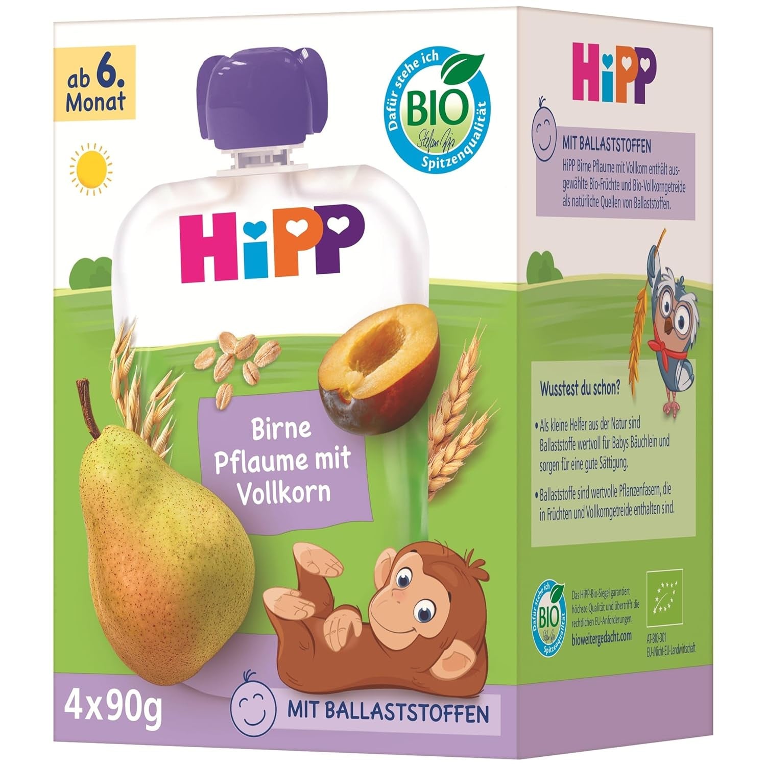 Bustine HiPP di pere e prugne biologiche, integrali, 16 pezzi (4 confezioni da 4 x 90 g ciascuna), per bambini dai 6 mesi, senza zuccheri aggiunti, vegano, migliore qualità biologica