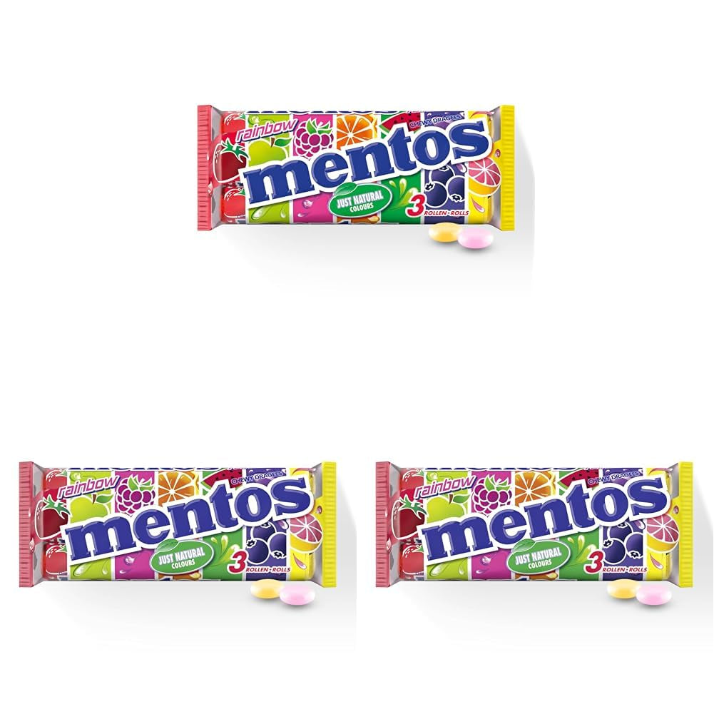 Mentos Fruit Dragees Arancia Limone Fragola Caramelle Gommose Al Gusto Di Frutta (3 Rotoli), Vegan (Confezione da 3)
