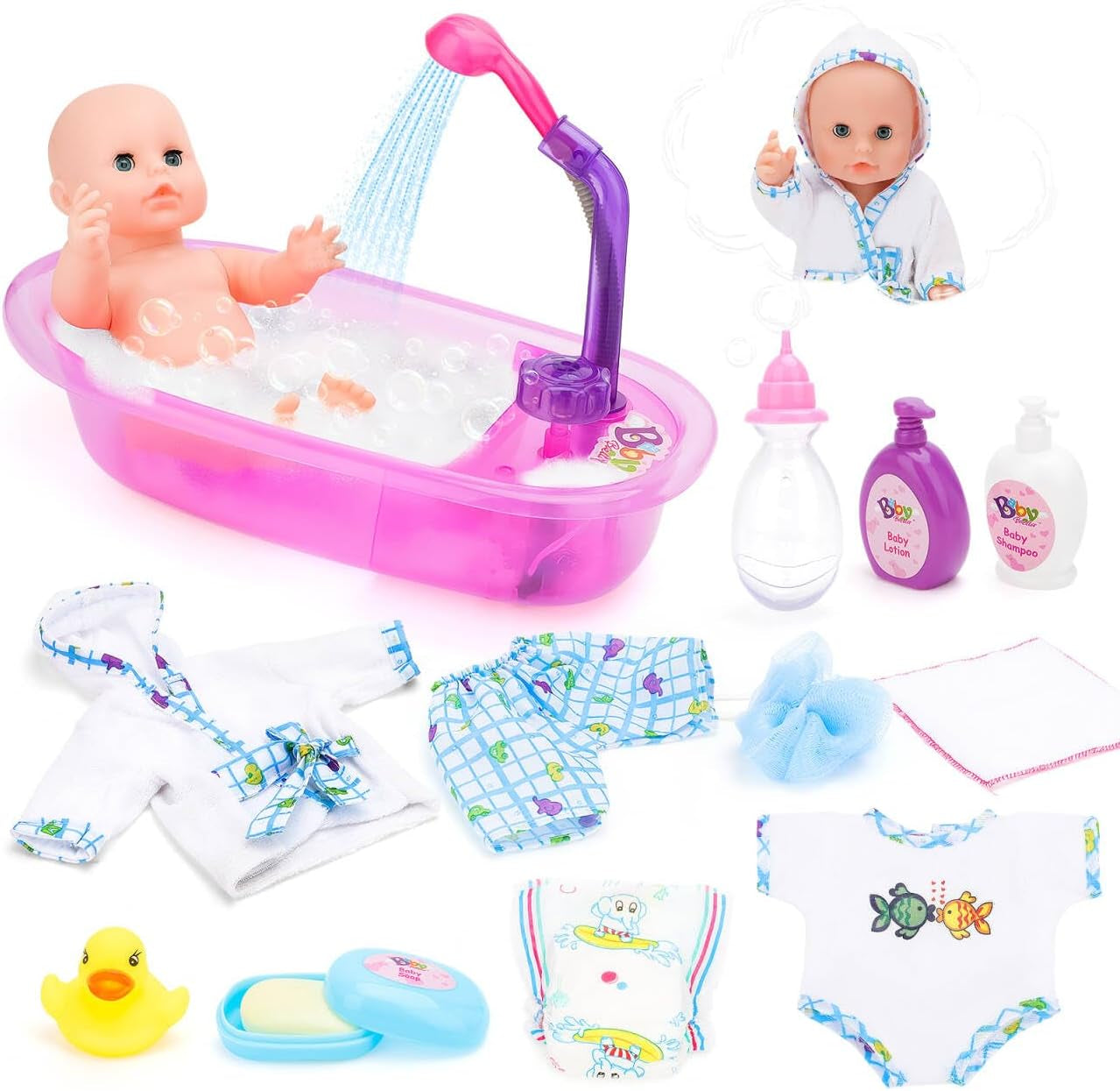 deAO Set vasca da bagno per bambole, bambola interattiva da 33 cm, vasca da bagno per bambole, set da gioco per bambole con ciuccio, vestiti per bambole, accappatoio, pannolini per bambole, vasca da bagno e spray doccia funzionale