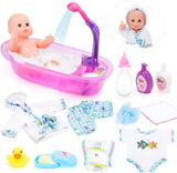 deAO Set vasca da bagno per bambole, bambola interattiva da 33 cm, vasca da bagno per bambole, set da gioco per bambole con ciuccio, vestiti per bambole, accappatoio, pannolini per bambole, vasca da bagno e spray doccia funzionale