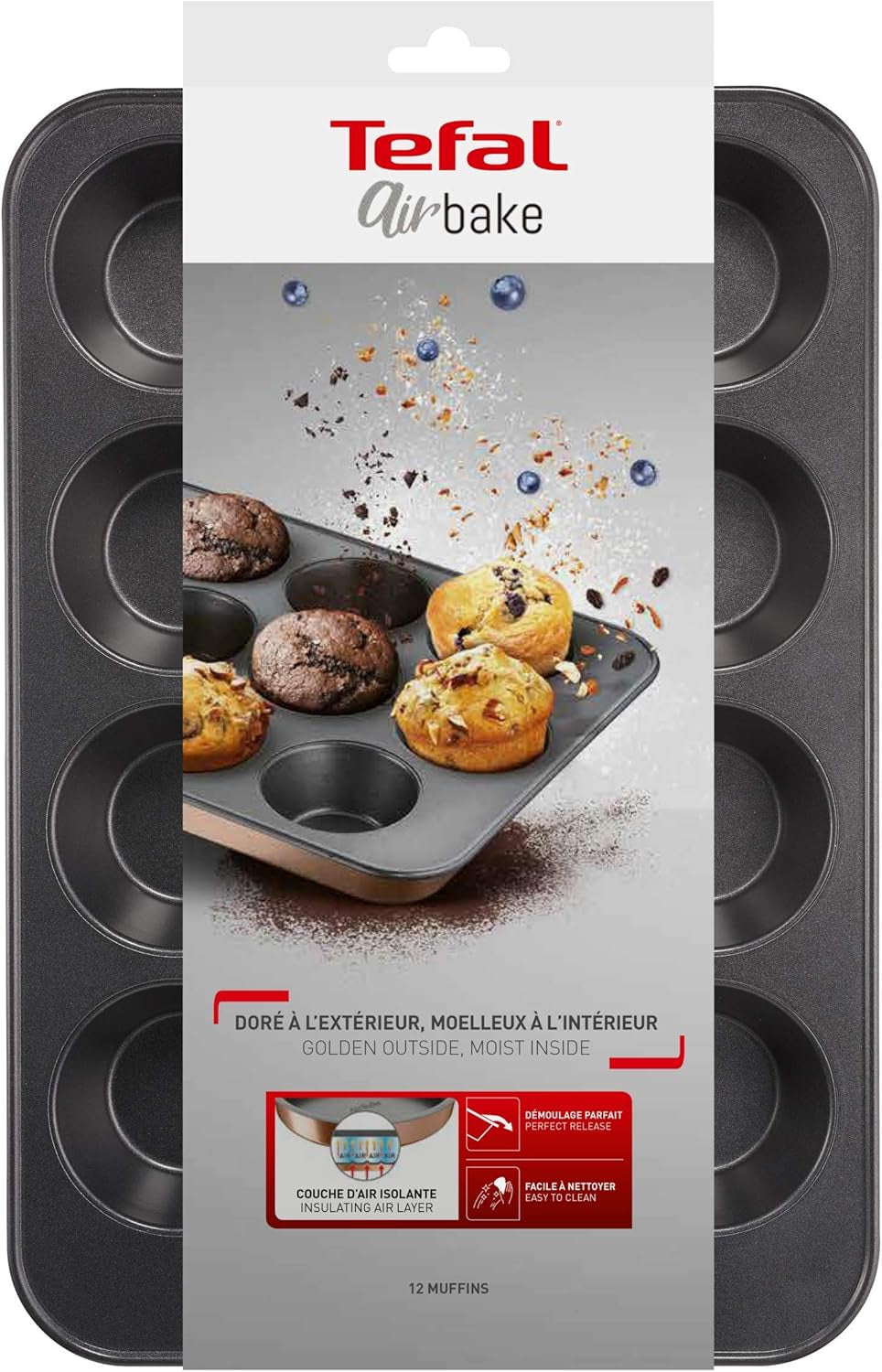Tefal Airbake J2555014 Muffinform, Antihaftbeschichtung, Karbonstahl, Braun, 29 X 41 Cm Stampi e vassoi per cuocere Naty Shop